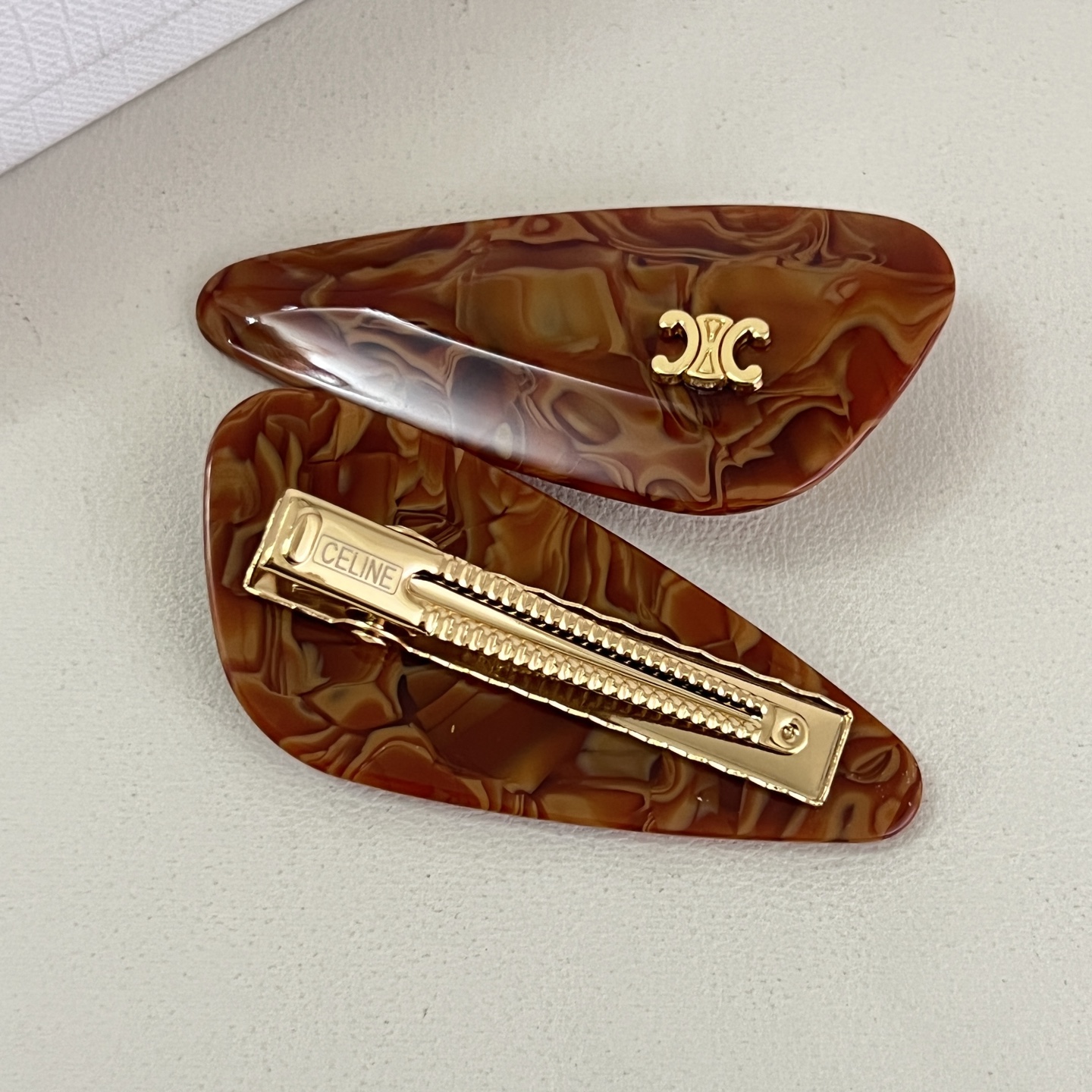 Celine Triomphe Marbled Acetate Hair Clip Set brooch Gold-tone metal with marbled acetate in brown tortoiseshell dark green burgundy and ivory cream 6cm per