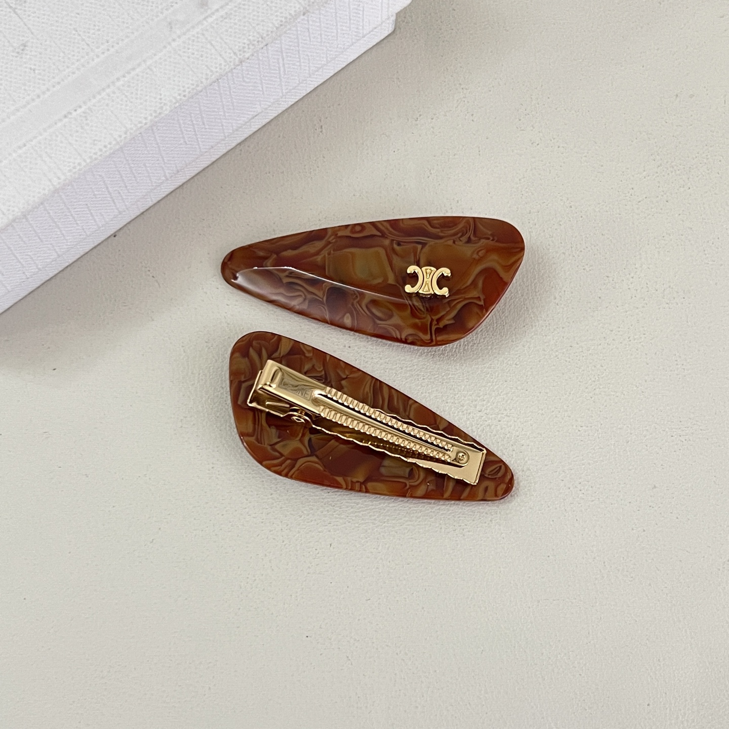Celine Triomphe Marbled Acetate Hair Clip Set brooch Gold-tone metal with marbled acetate in brown tortoiseshell dark green burgundy and ivory cream 6cm per