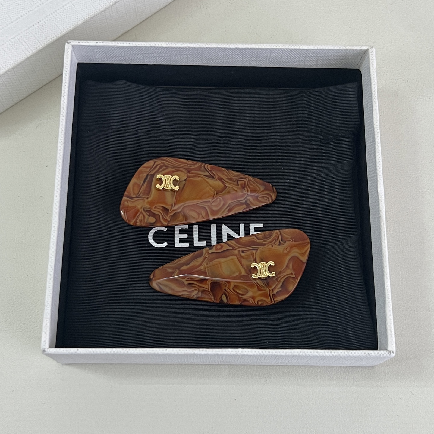 Celine Triomphe Marbled Acetate Hair Clip Set brooch Gold-tone metal with marbled acetate in brown tortoiseshell dark green burgundy and ivory cream 6cm per