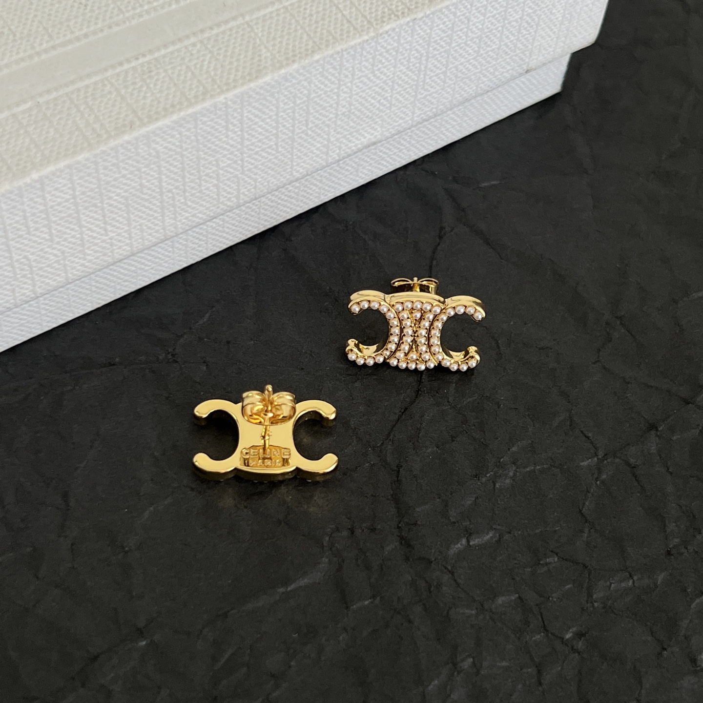 Celine Triomphe Pearl Stud Earrings earrings gold-tone metal with cream faux pearl accents 1 5cm width per earring