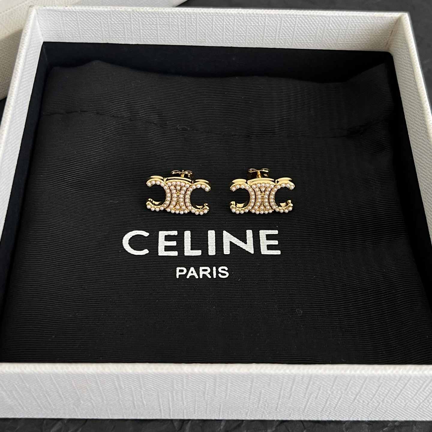 Celine Triomphe Pearl Stud Earrings earrings gold-tone metal with cream faux pearl accents 1 5cm width per earring