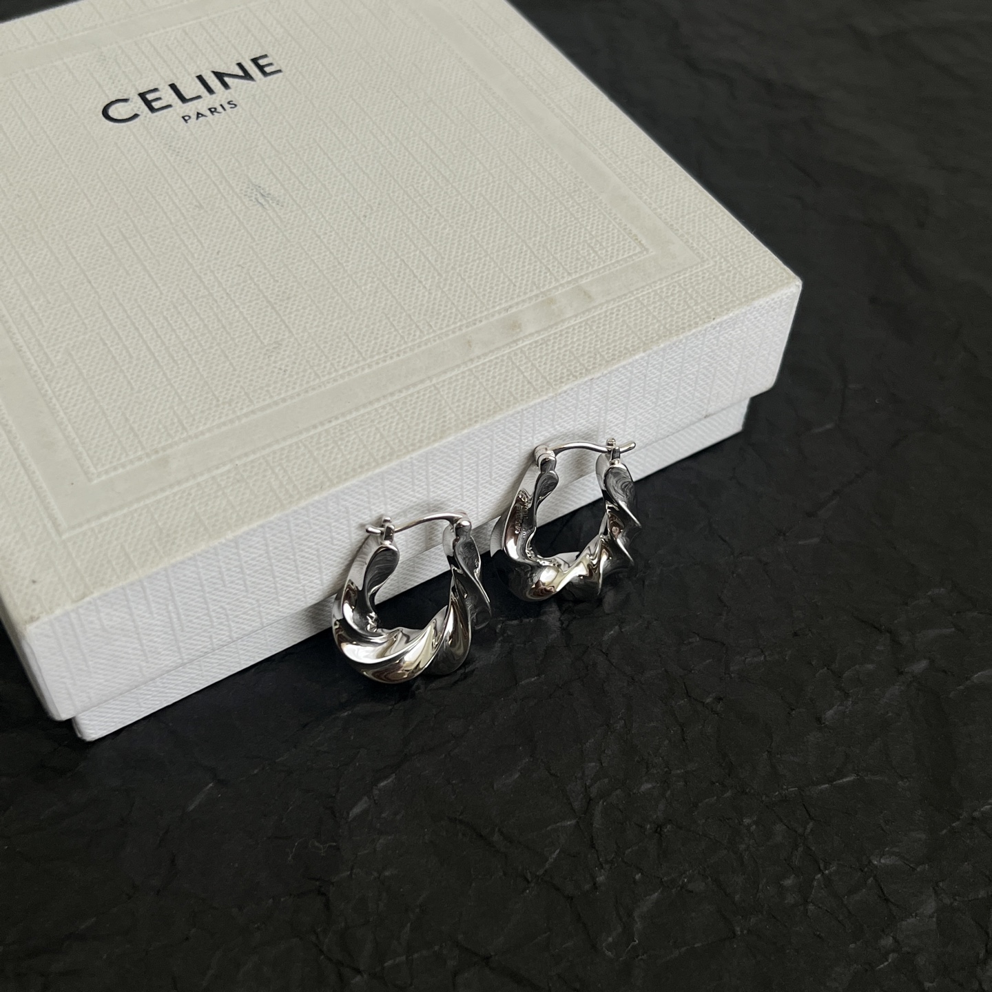 Celine Twisted Hoop earrings silver-toned metal no gemstones 2cm diameter