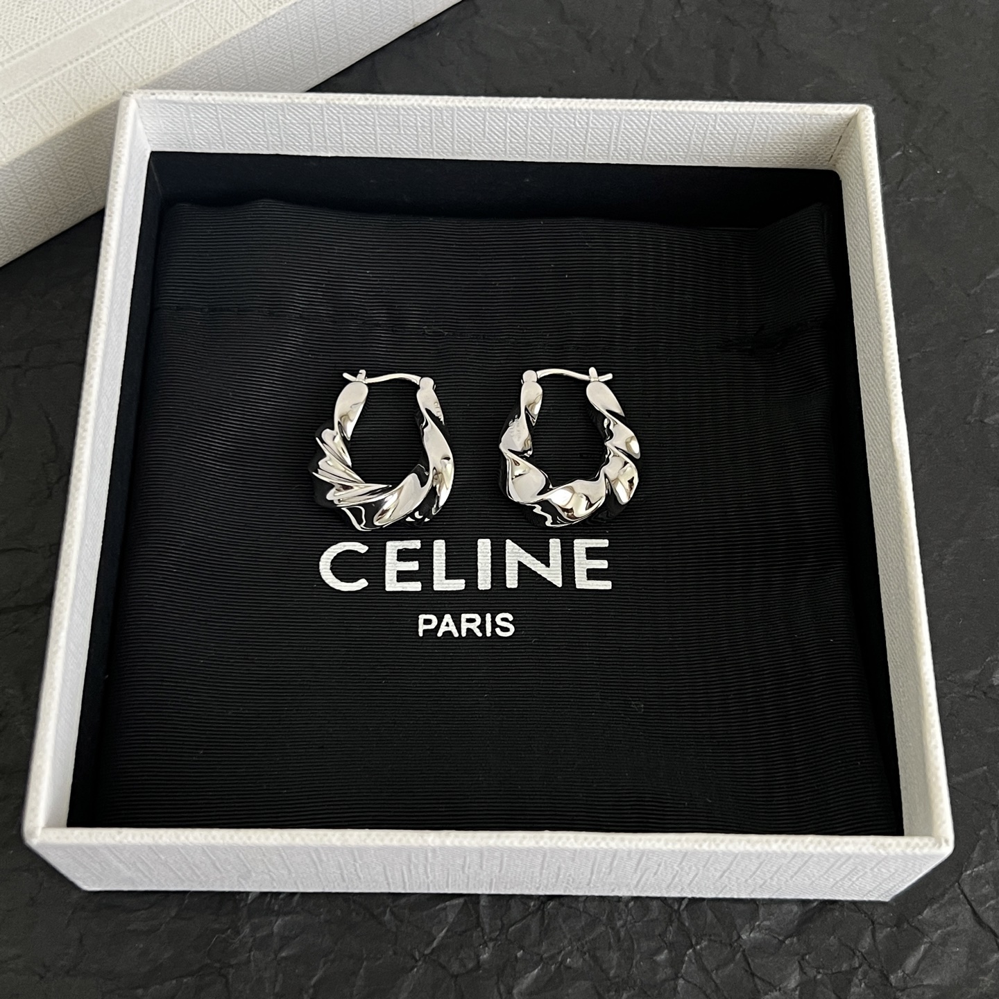 Celine Twisted Hoop earrings silver-toned metal no gemstones 2cm diameter