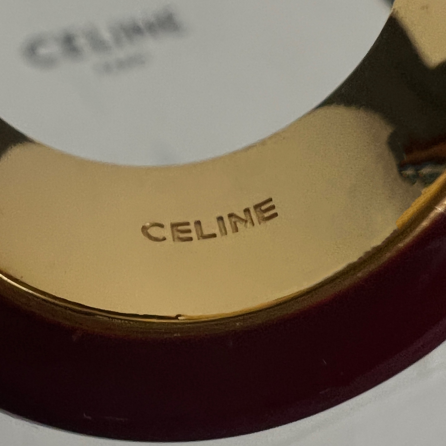 Celine Logo Dome Resin Ring ring Burgundy resin with gold-tone metal white resin with black-tone metal US 7