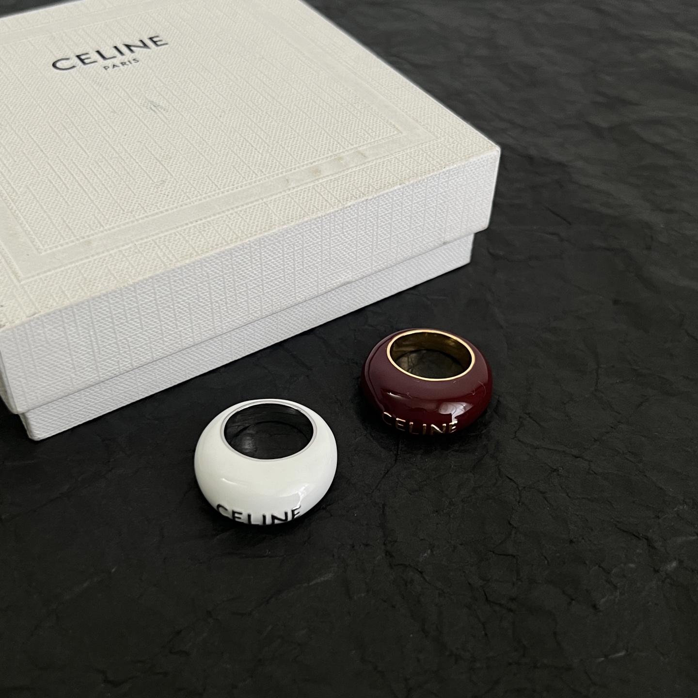 Celine Logo Dome Resin Ring ring Burgundy resin with gold-tone metal white resin with black-tone metal US 7