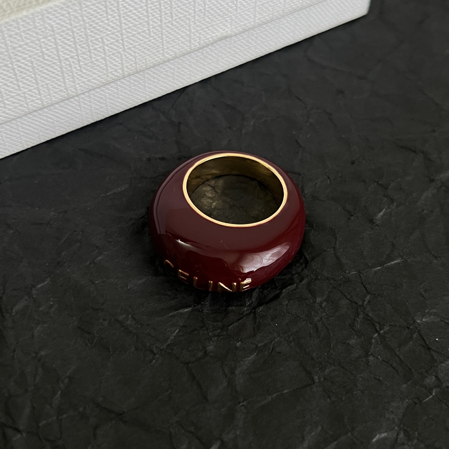 Celine Logo Dome Resin Ring ring Burgundy resin with gold-tone metal white resin with black-tone metal US 7