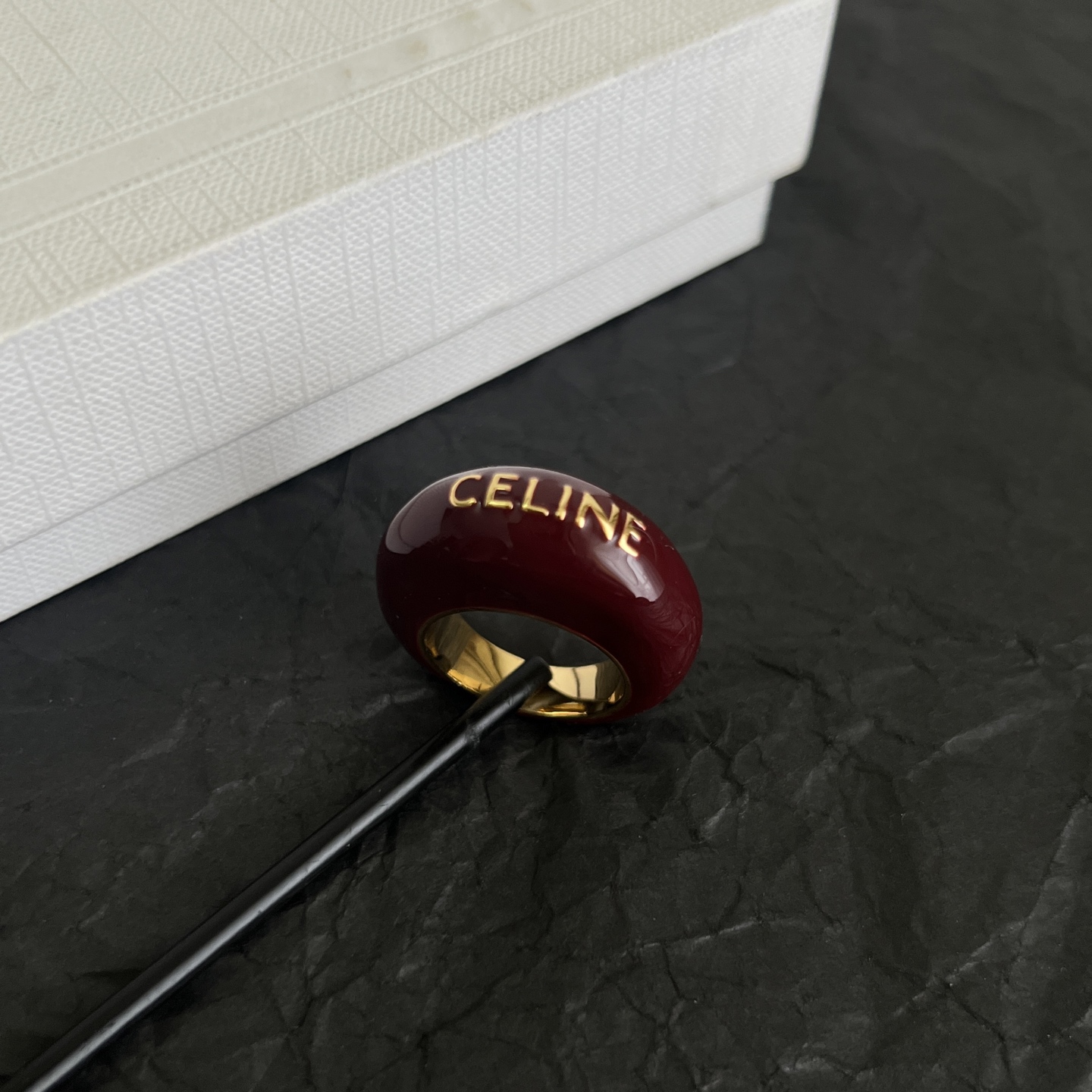 Celine Logo Dome Resin Ring ring Burgundy resin with gold-tone metal white resin with black-tone metal US 7