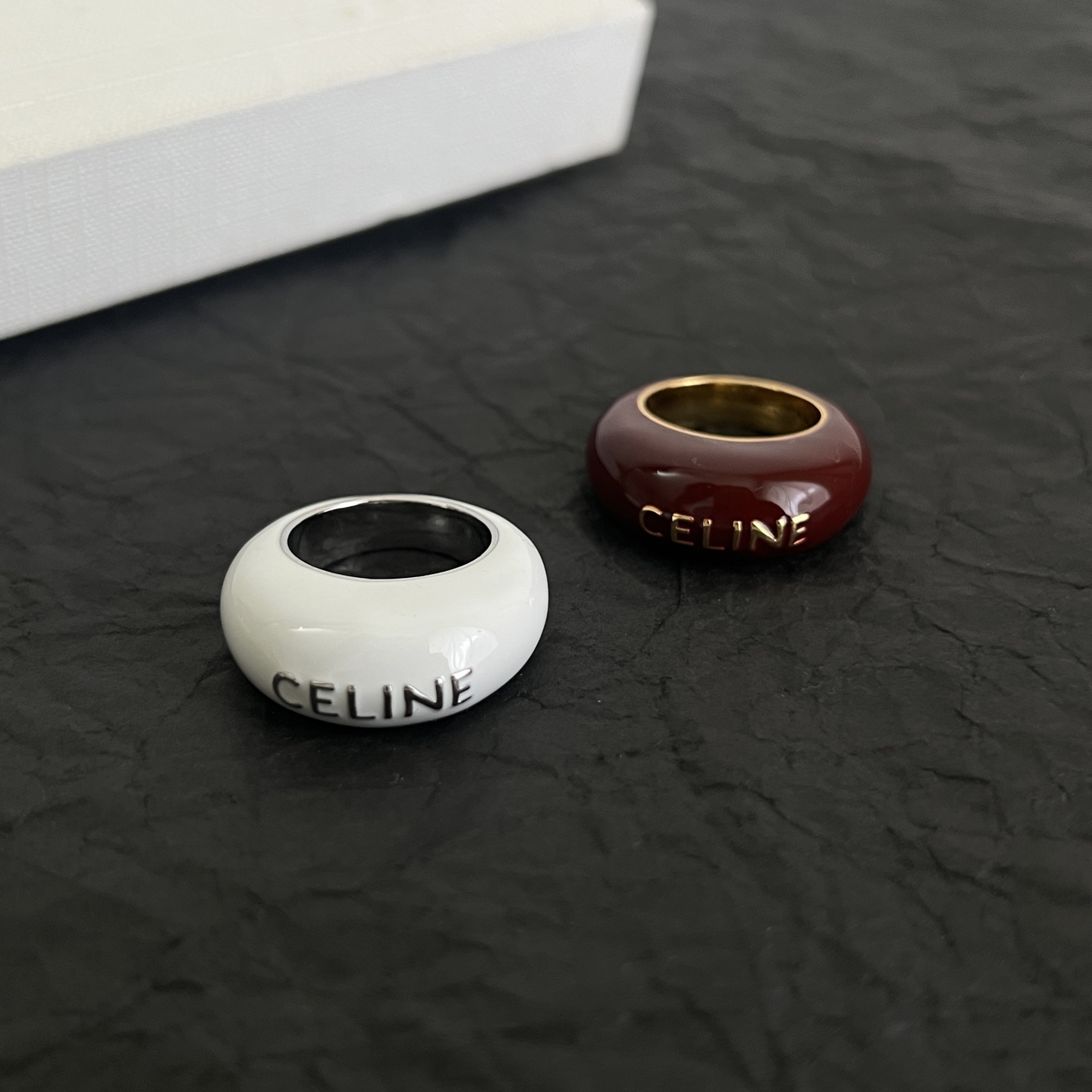 Celine Logo Dome Resin Ring ring White resin with silver-tone metal burgundy resin with gold-tone metal US 7
