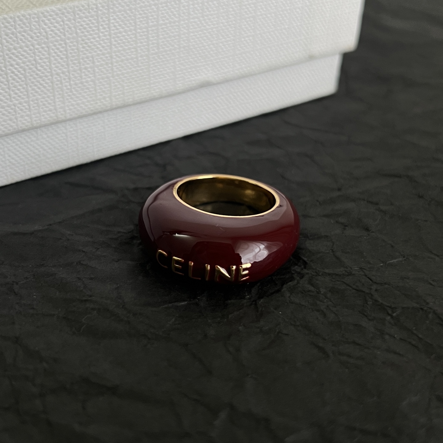 Celine Logo Dome Resin Ring ring Burgundy resin with gold-tone metal white resin with black-tone metal US 7