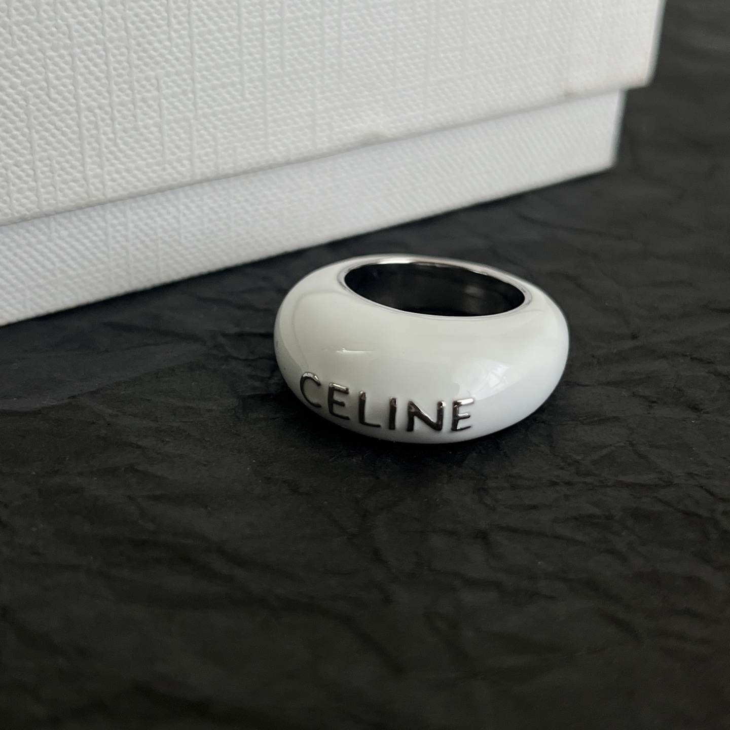 Celine Logo Dome Resin Ring ring White resin with silver-tone metal burgundy resin with gold-tone metal US 7