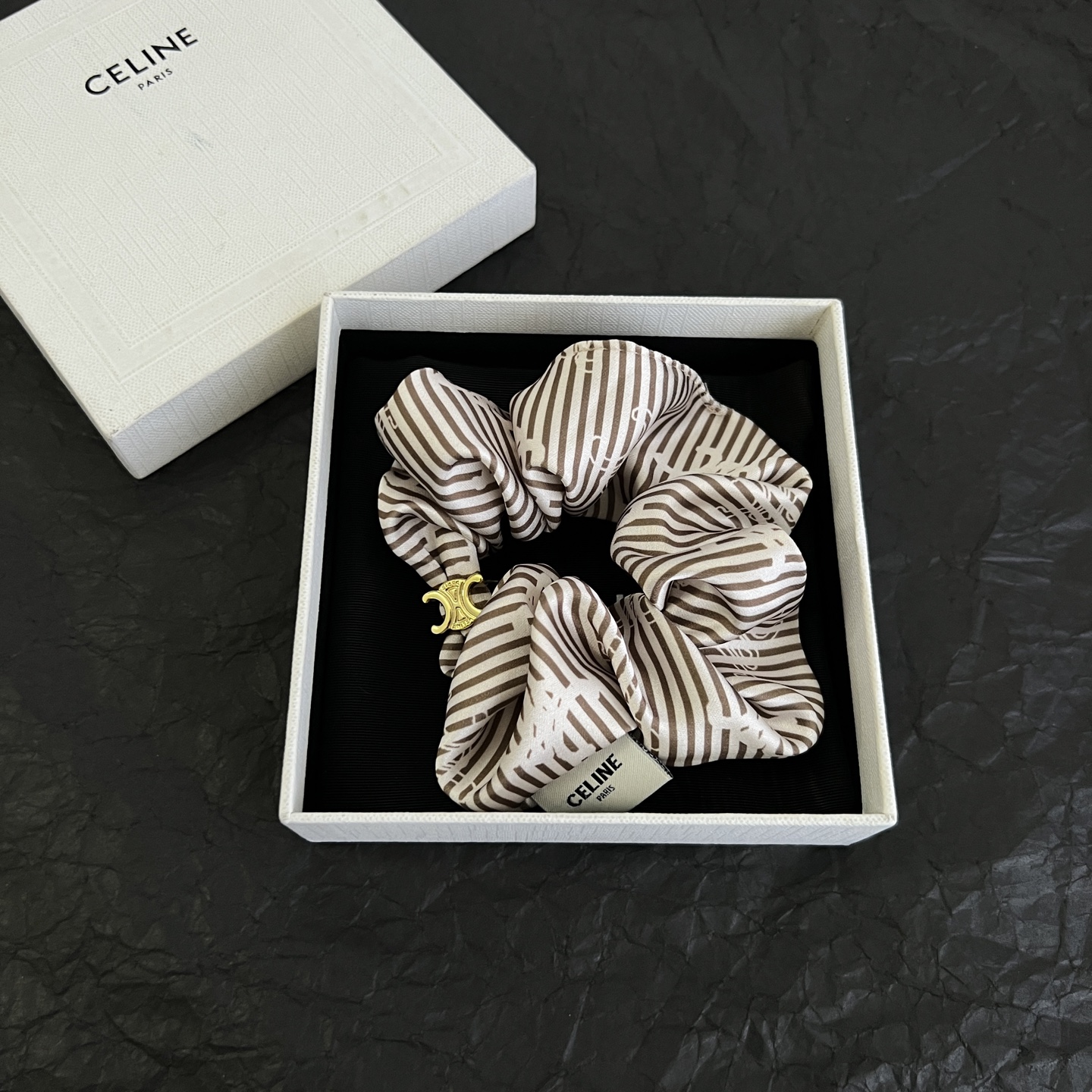 Celine Triomphe Striped Silk Scrunchie bracelet Ivory and brown striped silk with gold-tone Triomphe metal hardware One Size 10cm diameter