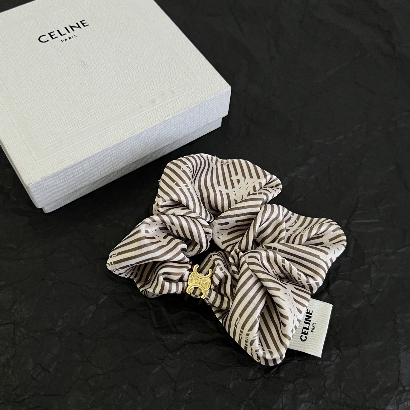 Celine Triomphe Striped Silk Scrunchie bracelet Ivory and brown striped silk with gold-tone Triomphe metal hardware One Size 10cm diameter
