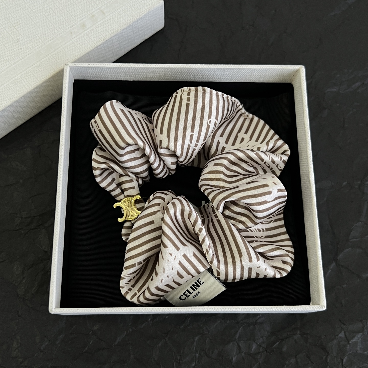 Celine Triomphe Striped Silk Scrunchie bracelet Ivory and brown striped silk with gold-tone Triomphe metal hardware One Size 10cm diameter
