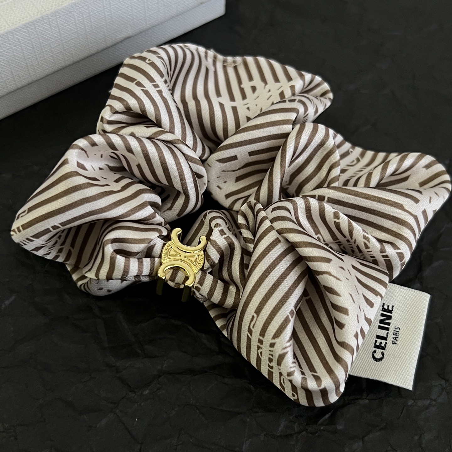 Celine Triomphe Striped Silk Scrunchie bracelet Ivory and brown striped silk with gold-tone Triomphe metal hardware One Size 10cm diameter