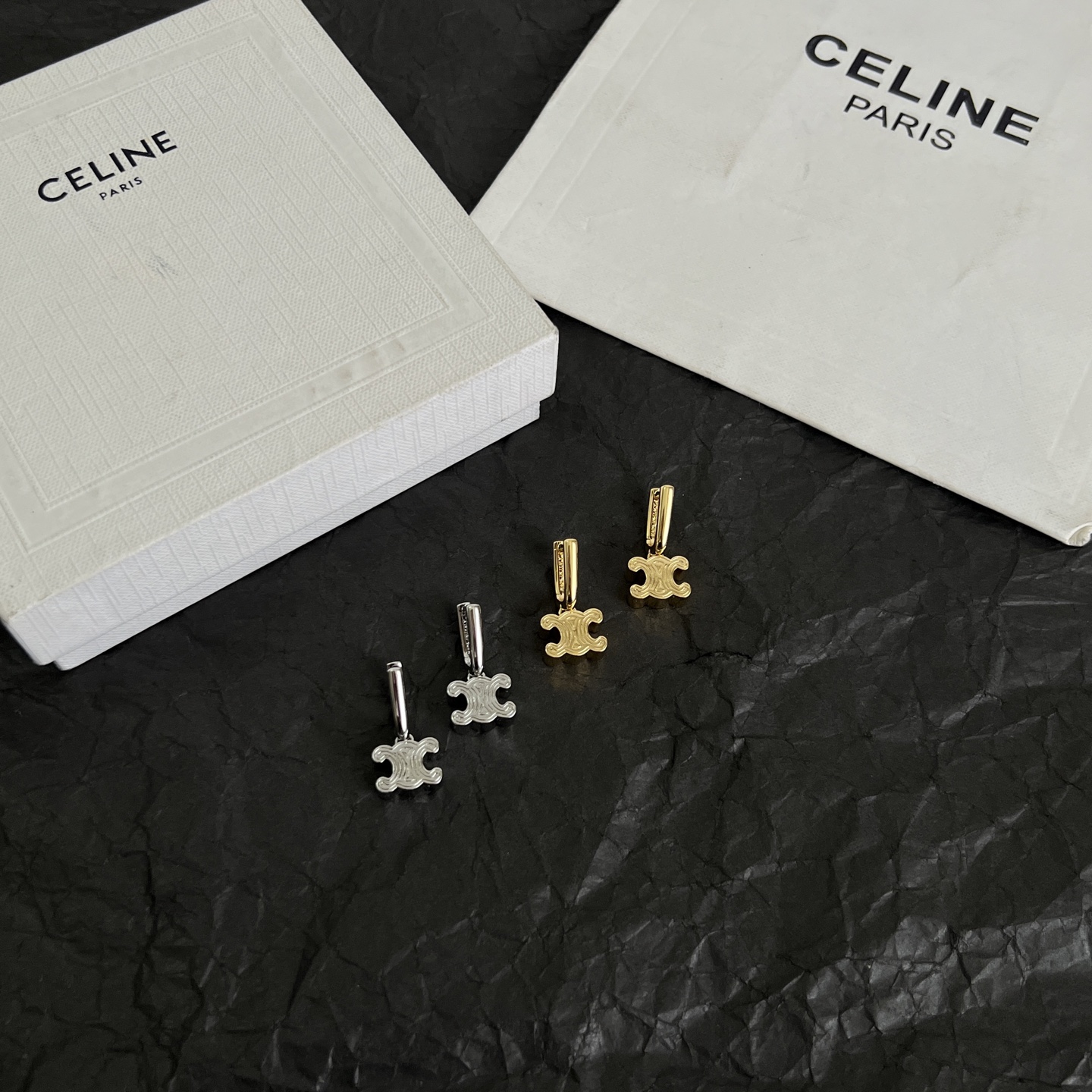 Celine Triomphe earrings gold-tone metal no gemstones 1 5cm drop length
