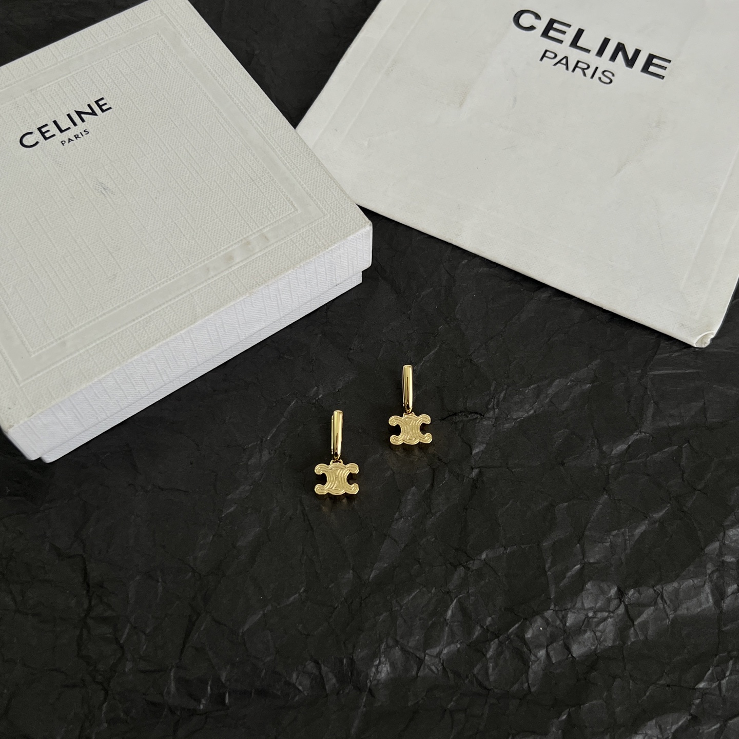 Celine Triomphe earrings gold-tone metal no gemstones 1 5cm drop length