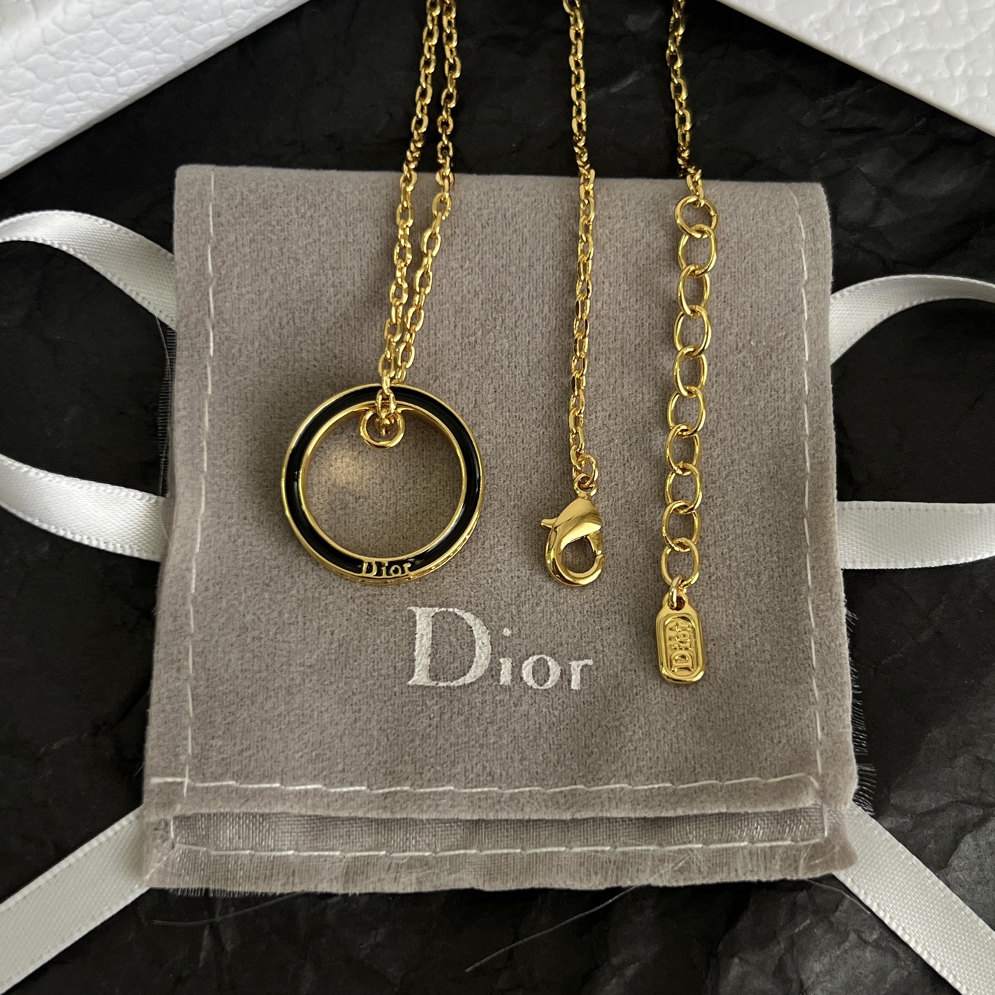 Dior Night Code Circle Pendant Necklace necklace gold-tone metal with black enamel 42cm with 5cm extender