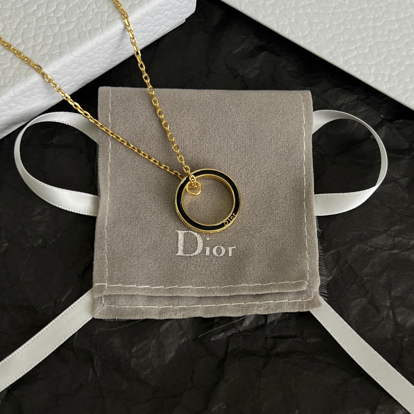 Dior Night Code Circle Pendant Necklace necklace gold-tone metal with black enamel 42cm with 5cm extender