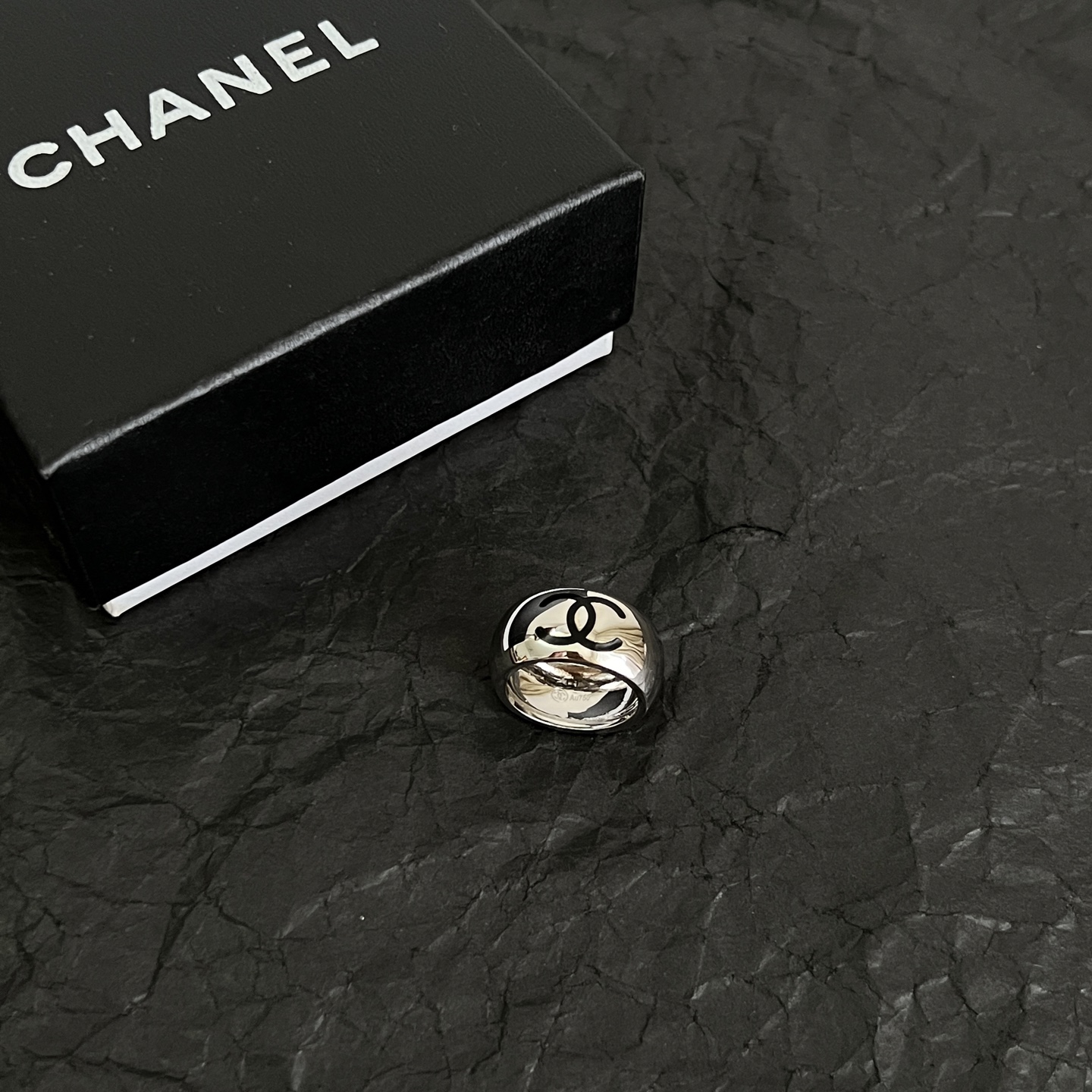 Chanel CC Logo Dome Ring ring Silver-tone metal with black enamel CC logo US 7