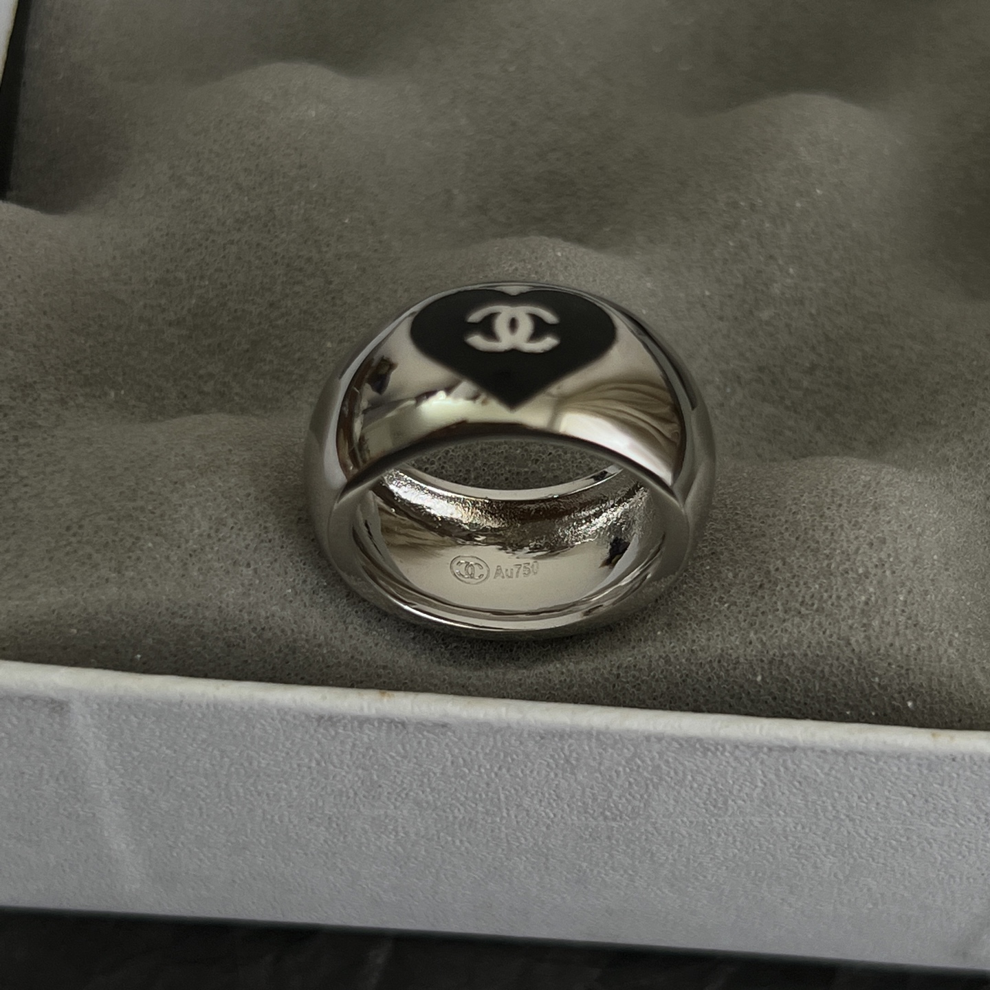 Chanel CC Heart Logo Dome Ring ring Silver-tone polished metal with black enamel heart detail US 7
