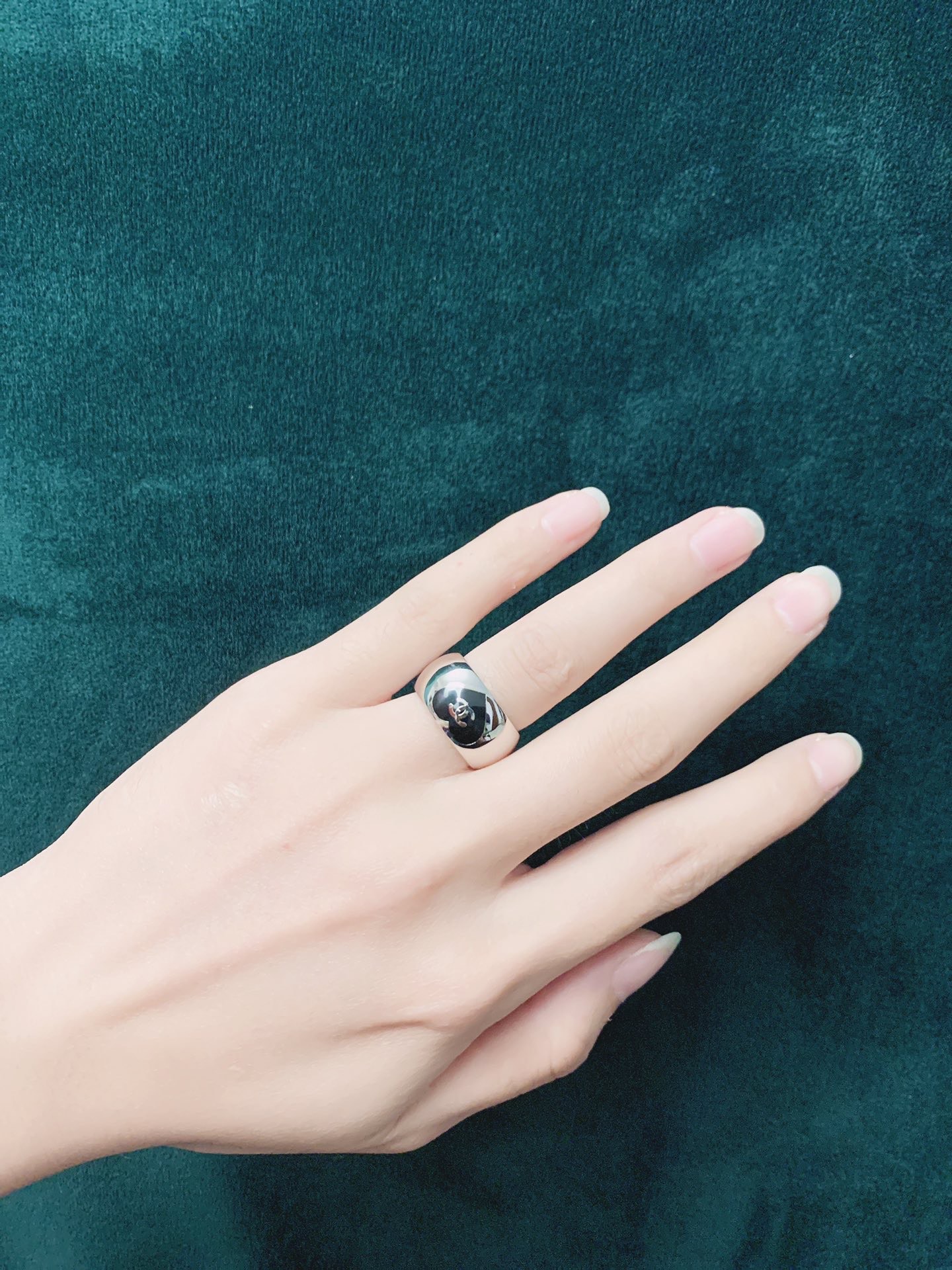 Chanel CC Heart Logo Dome Ring ring Silver-tone polished metal with black enamel heart detail US 7
