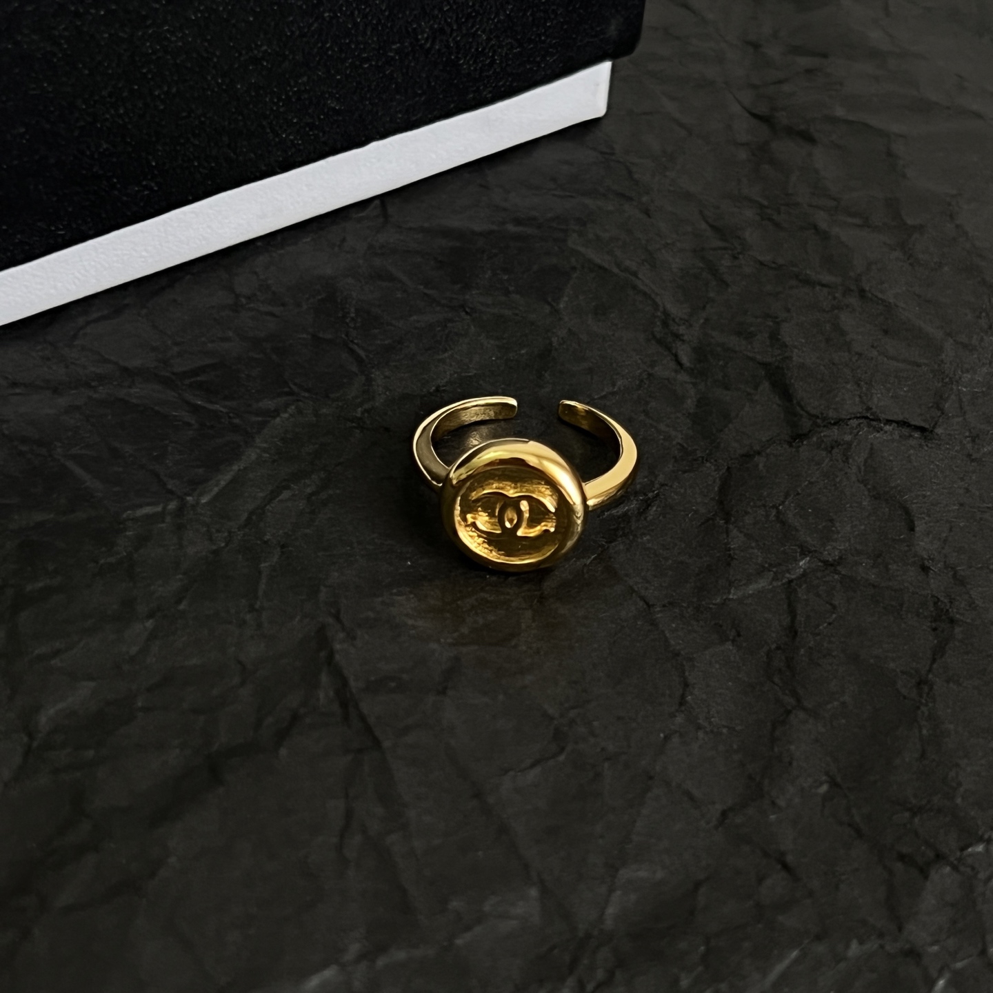 Chanel CC Logo Round Signet ring gold tone metal adjustable open band