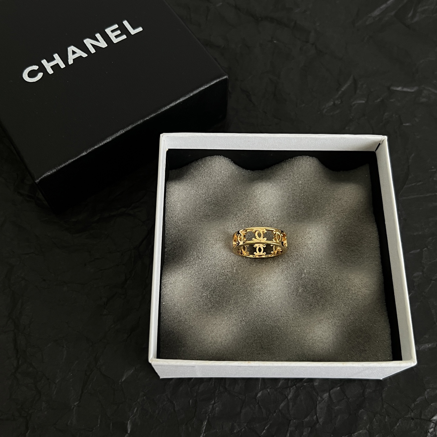 Chanel C Logo Openwork Band Ring ring Gold-tone metal no gemstones US 7