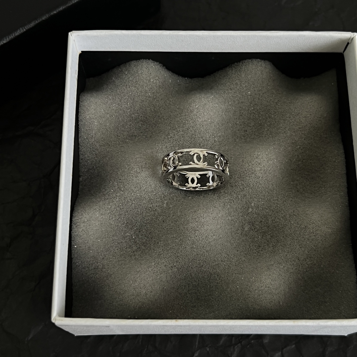 Chanel CC Logo Openwork Band Ring ring Silver-tone metal no gemstones US 7