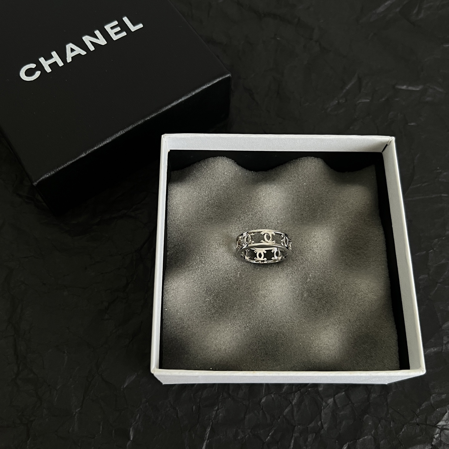 Chanel CC Logo Openwork Band Ring ring Silver-tone metal no gemstones US 7