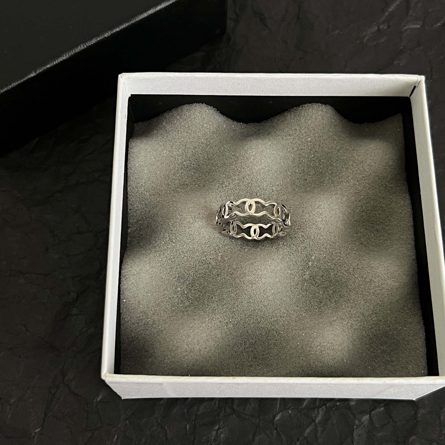 Chanel CC Logo Wavy Open Band Ring ring Silver-toned metal no accent stones US 7