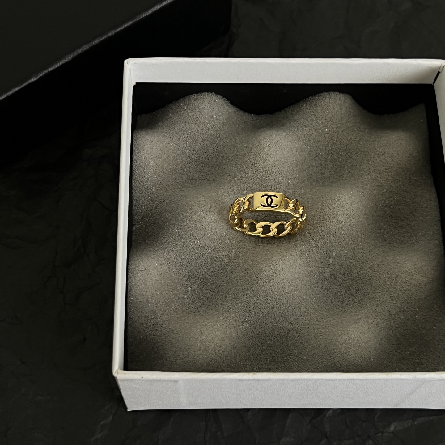 Chanel CC Logo Cuban Chain Ring ring Gold-tone metal with black enamel CC logo US 7