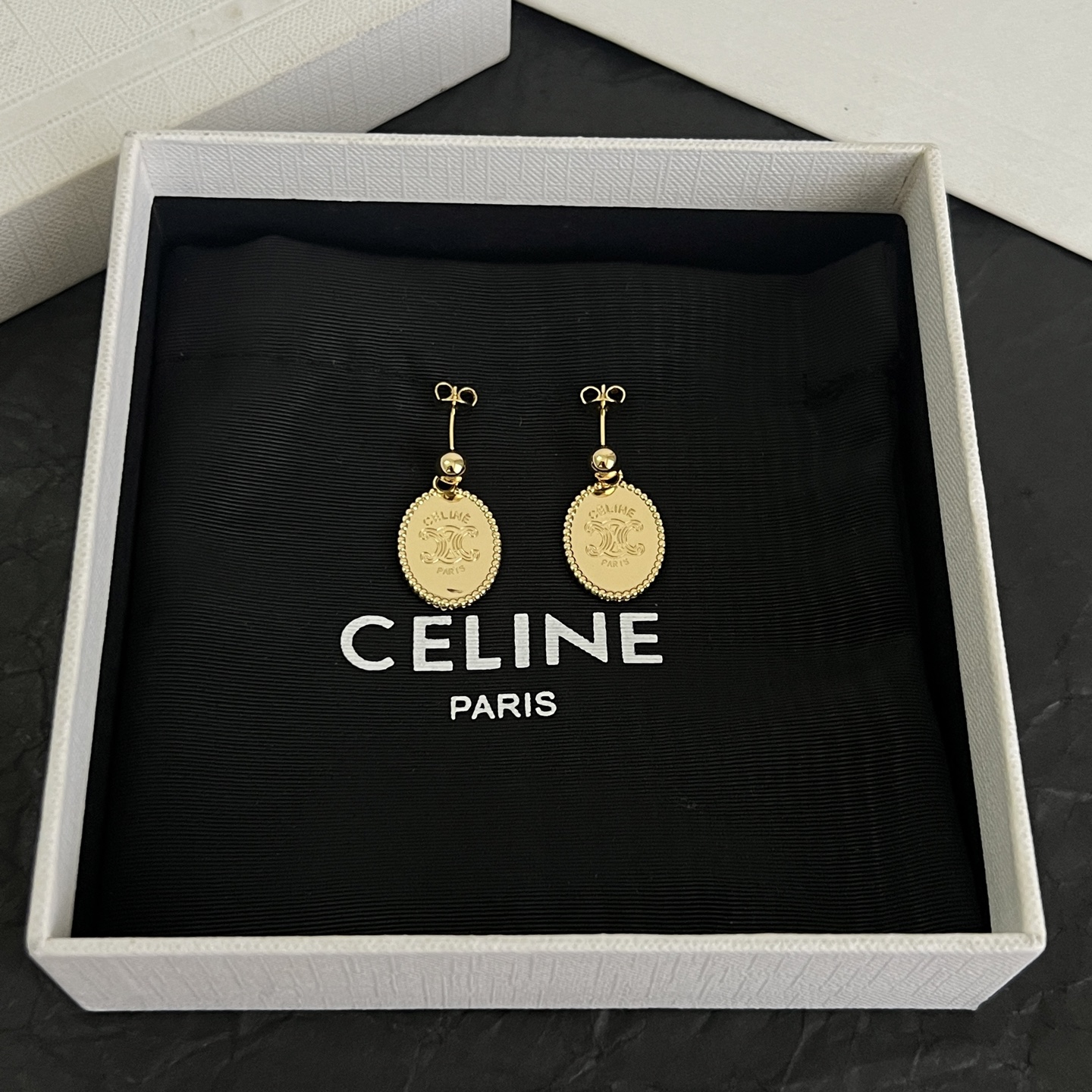 Celine Triomphe Oval Medallion Drop Earrings earrings Gold-tone metal with engraved Triomphe logo no gemstones 2 5cm drop length