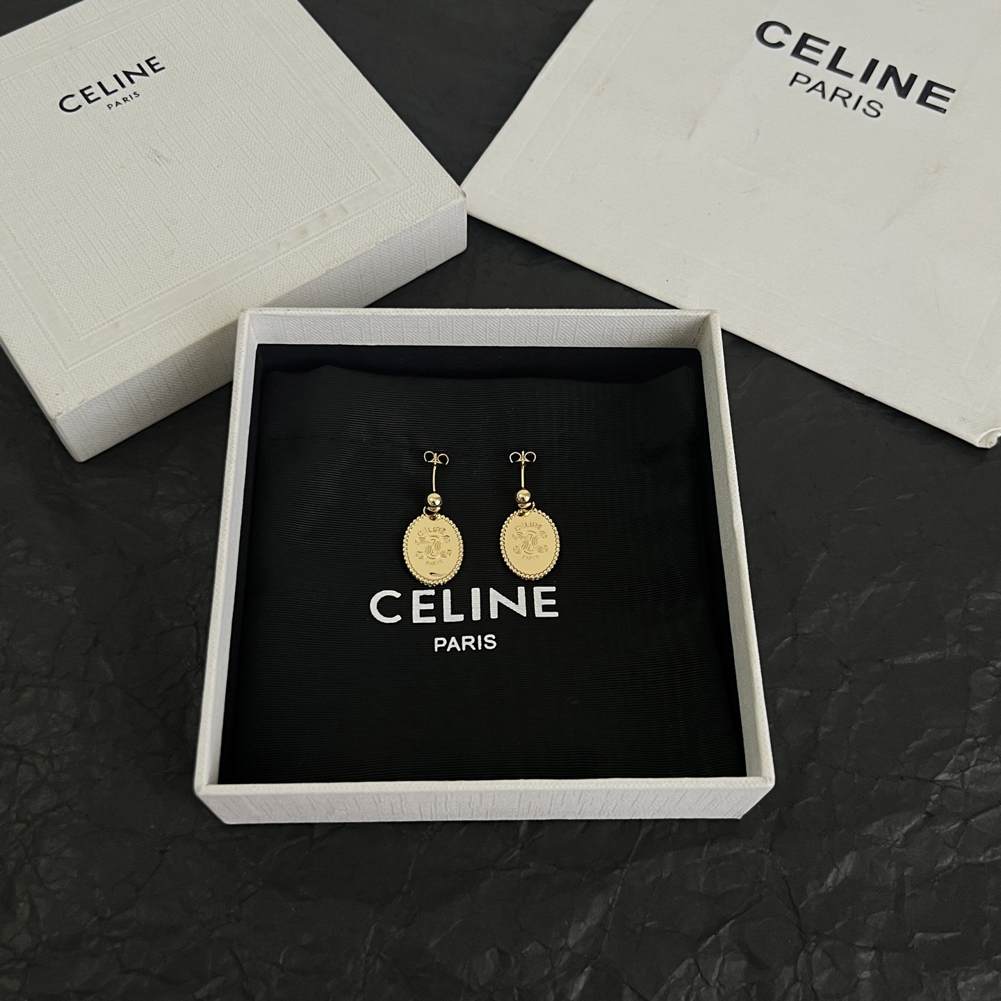 Celine Triomphe Oval Medallion Drop Earrings earrings Gold-tone metal with engraved Triomphe logo no gemstones 2 5cm drop length