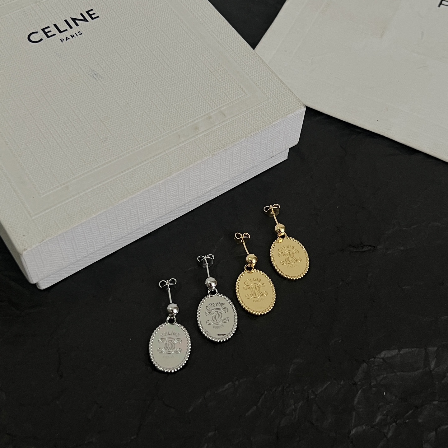 Celine Triomphe Oval Medallion Drop Earrings earrings Gold-tone metal with engraved Triomphe logo no gemstones 2 5cm drop length