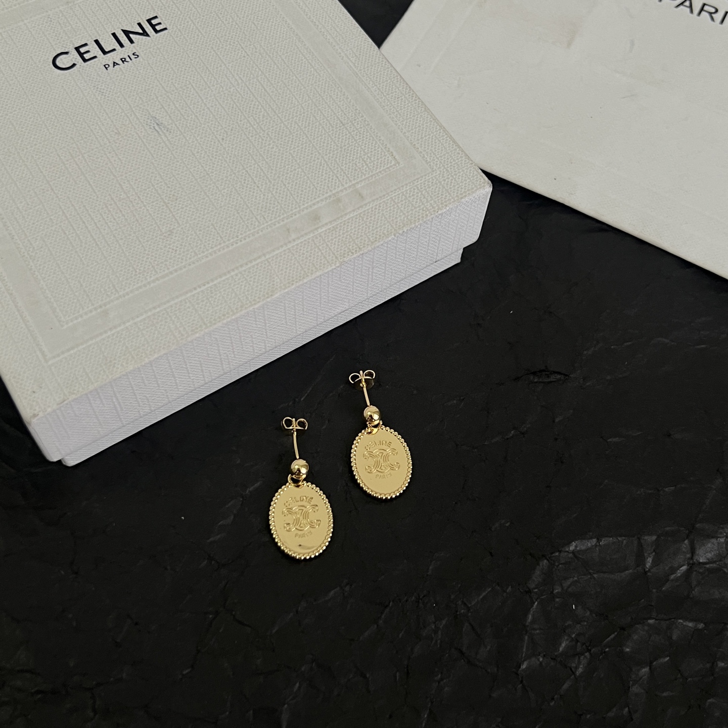 Celine Triomphe Oval Medallion Drop Earrings earrings Gold-tone metal with engraved Triomphe logo no gemstones 2 5cm drop length
