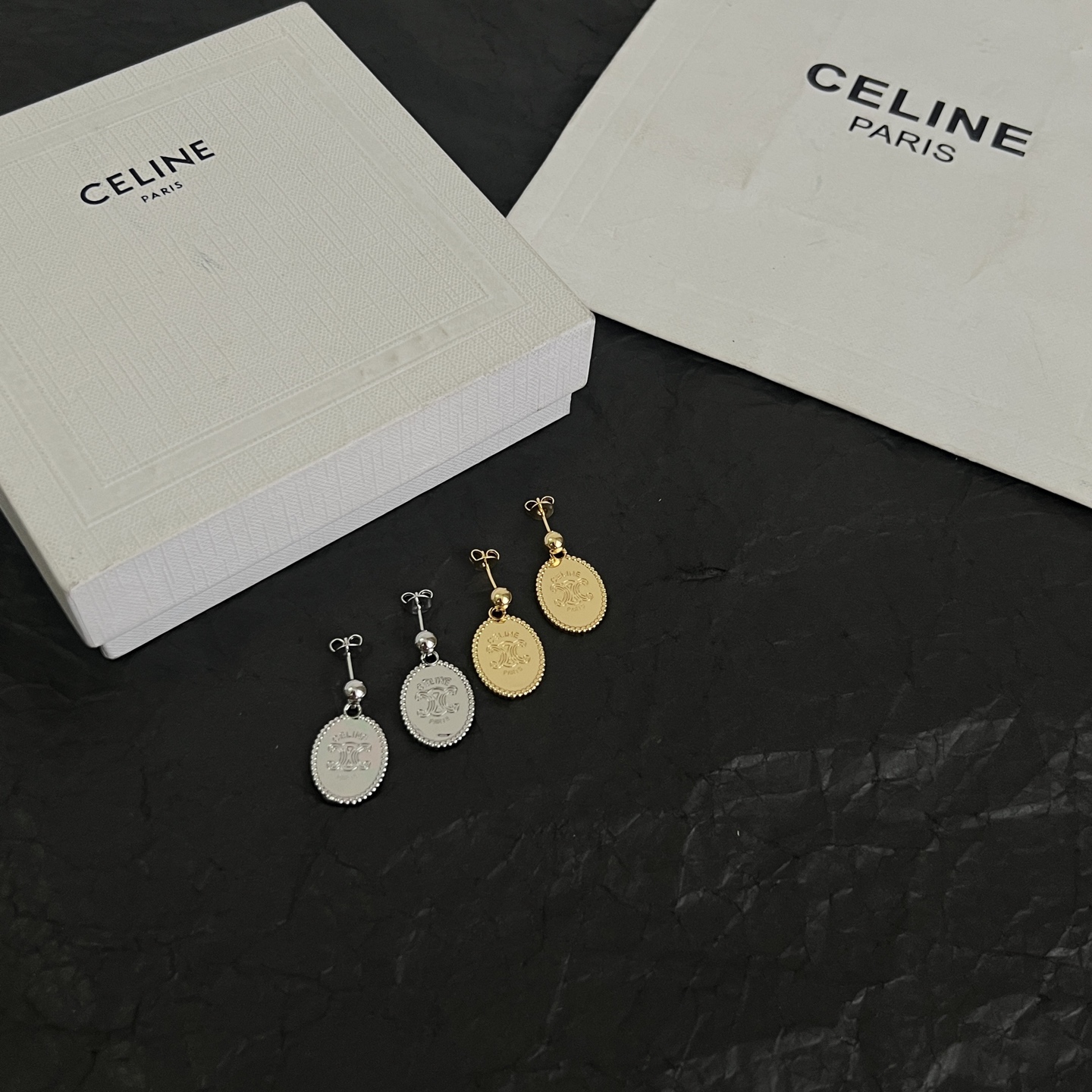 Celine Triomphe Oval Medallion Drop Earrings earrings Gold-tone metal with engraved Triomphe logo no gemstones 2 5cm drop length