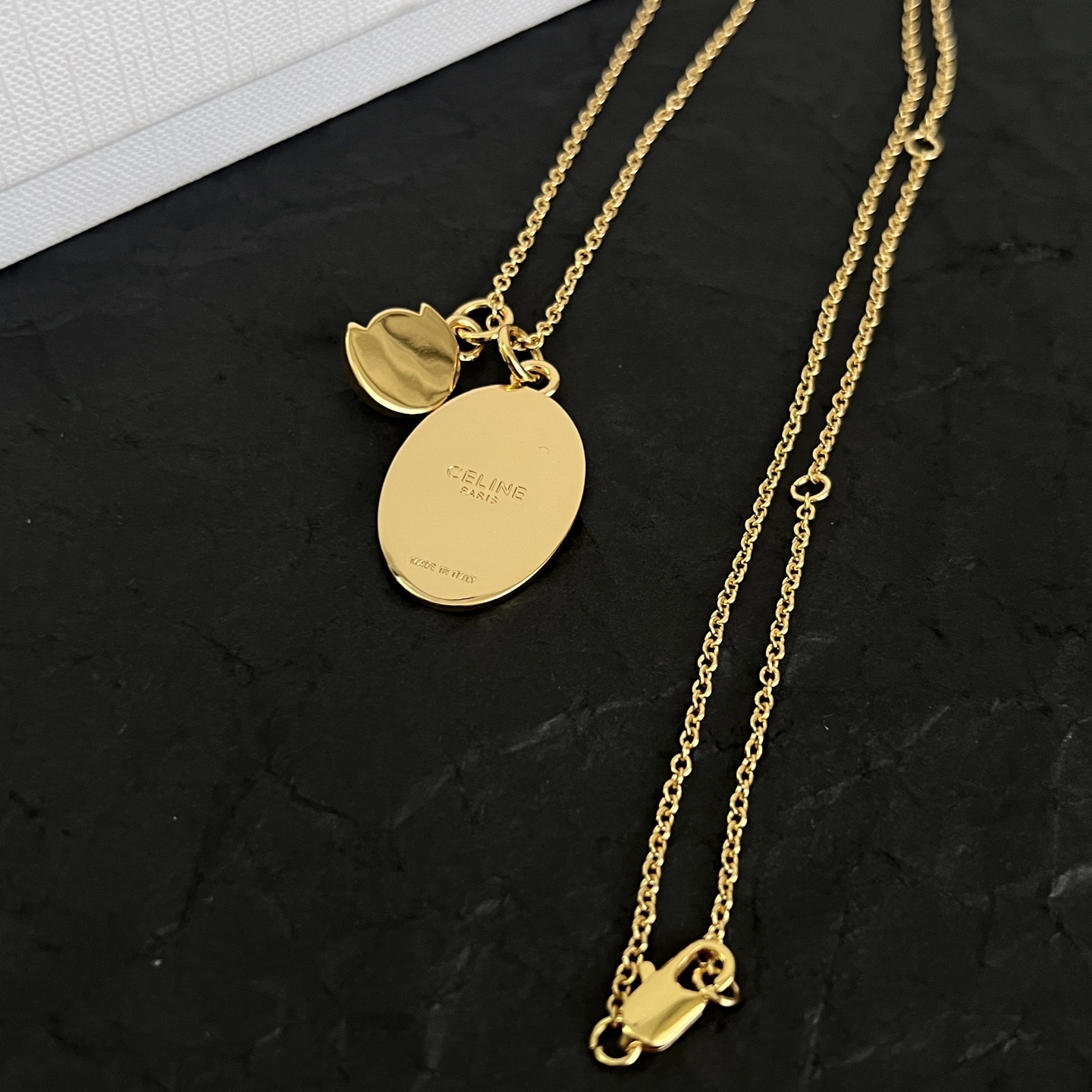 Celine Triomphe Pearl Oval Pendant necklace gold-tone metal with white pearl 42cm with 5cm extender