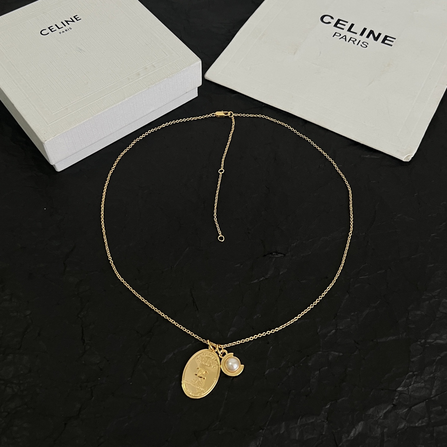 Celine Triomphe Pearl Oval Pendant necklace gold-tone metal with white pearl 42cm with 5cm extender