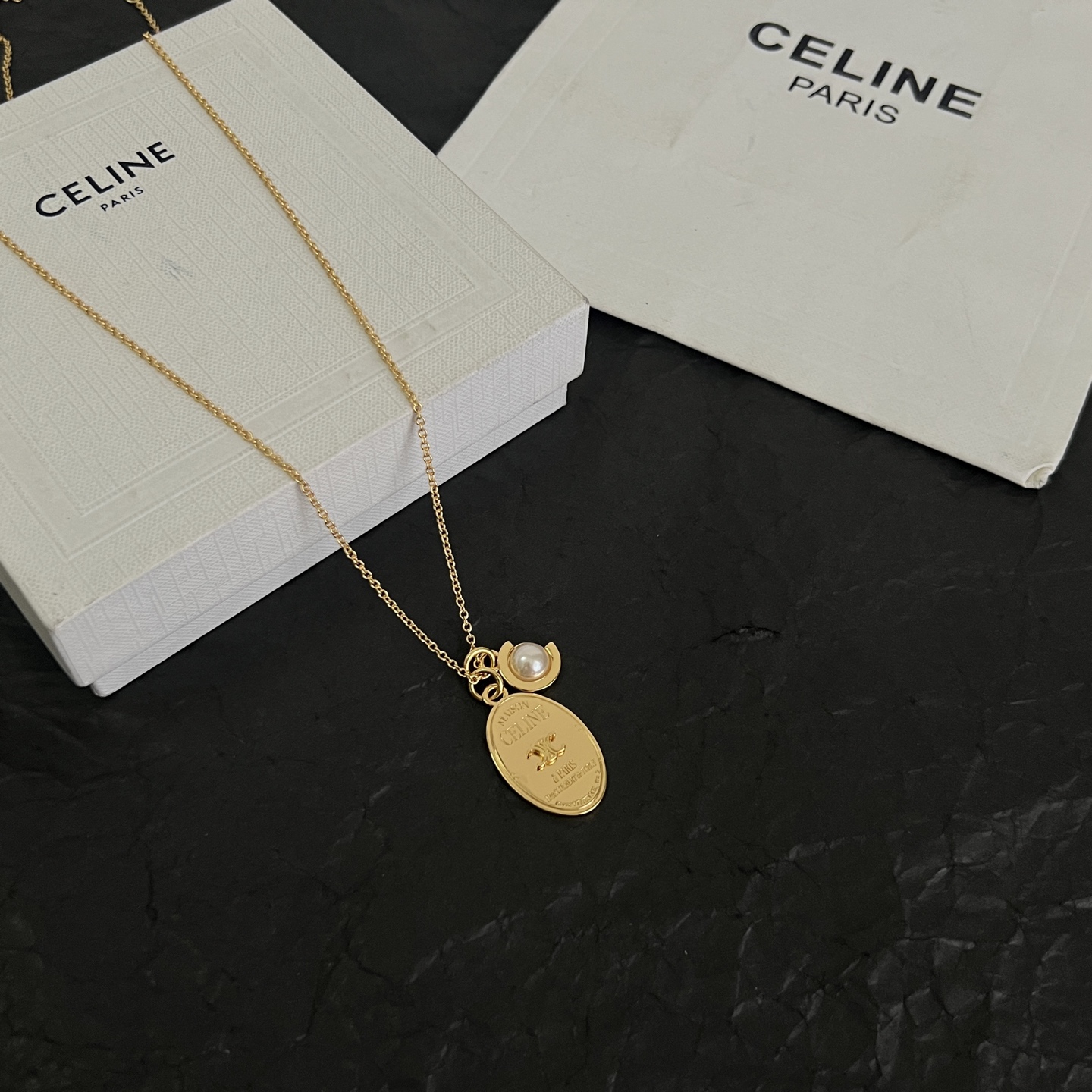 Celine Triomphe Pearl Oval Pendant necklace gold-tone metal with white pearl 42cm with 5cm extender