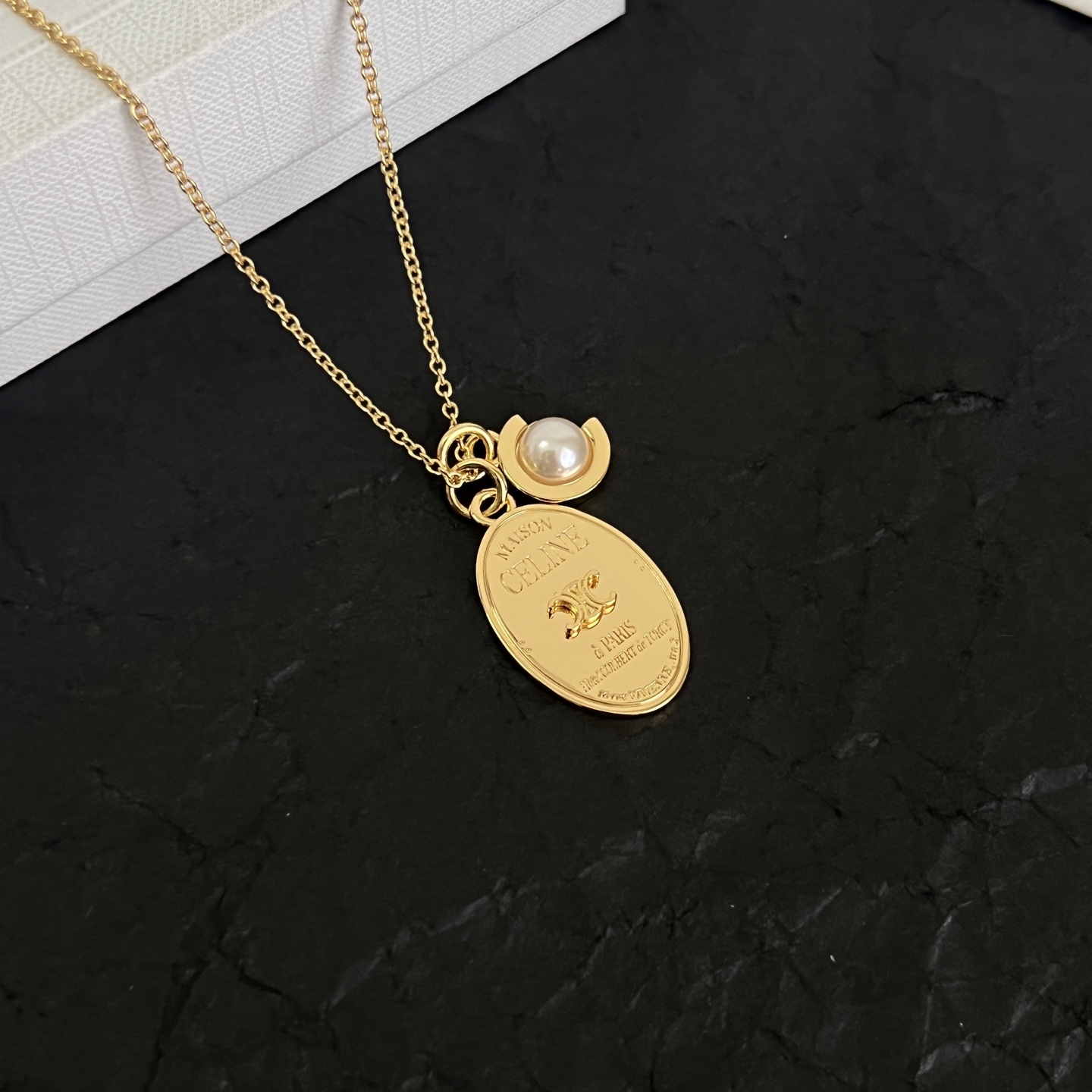 Celine Triomphe Pearl Oval Pendant necklace gold-tone metal with white pearl 42cm with 5cm extender