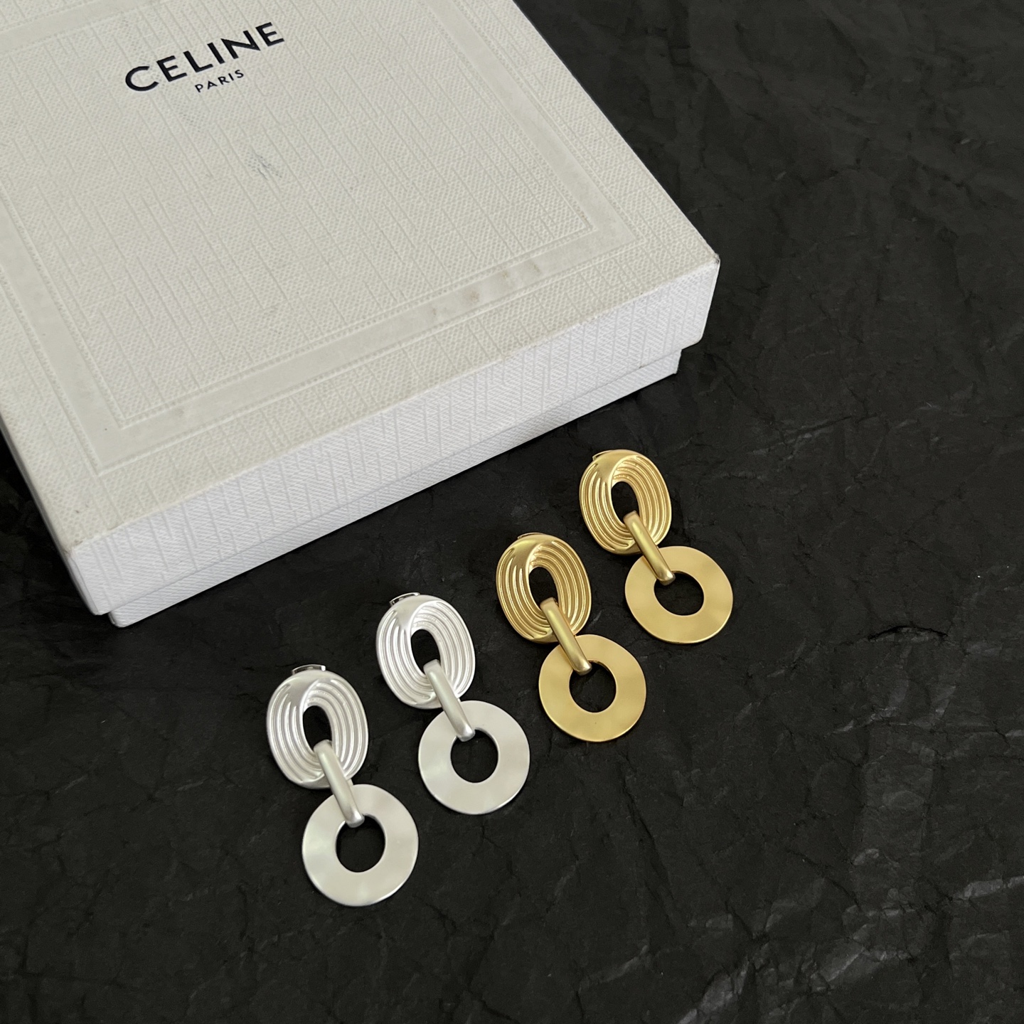 Celine Double Link Drop Earrings earrings Available in matte silver-tone metal and matte gold-tone metal no gemstones 3 5cm drop length