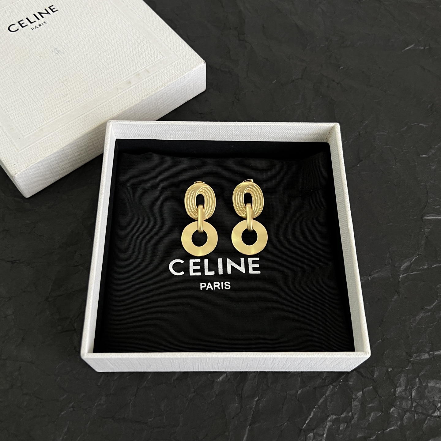 Celine Ridged Oval Link Disc Drop Earrings earrings Matte gold-tone metal no gemstones also available in matte silver-tone metal 3 5cm drop length