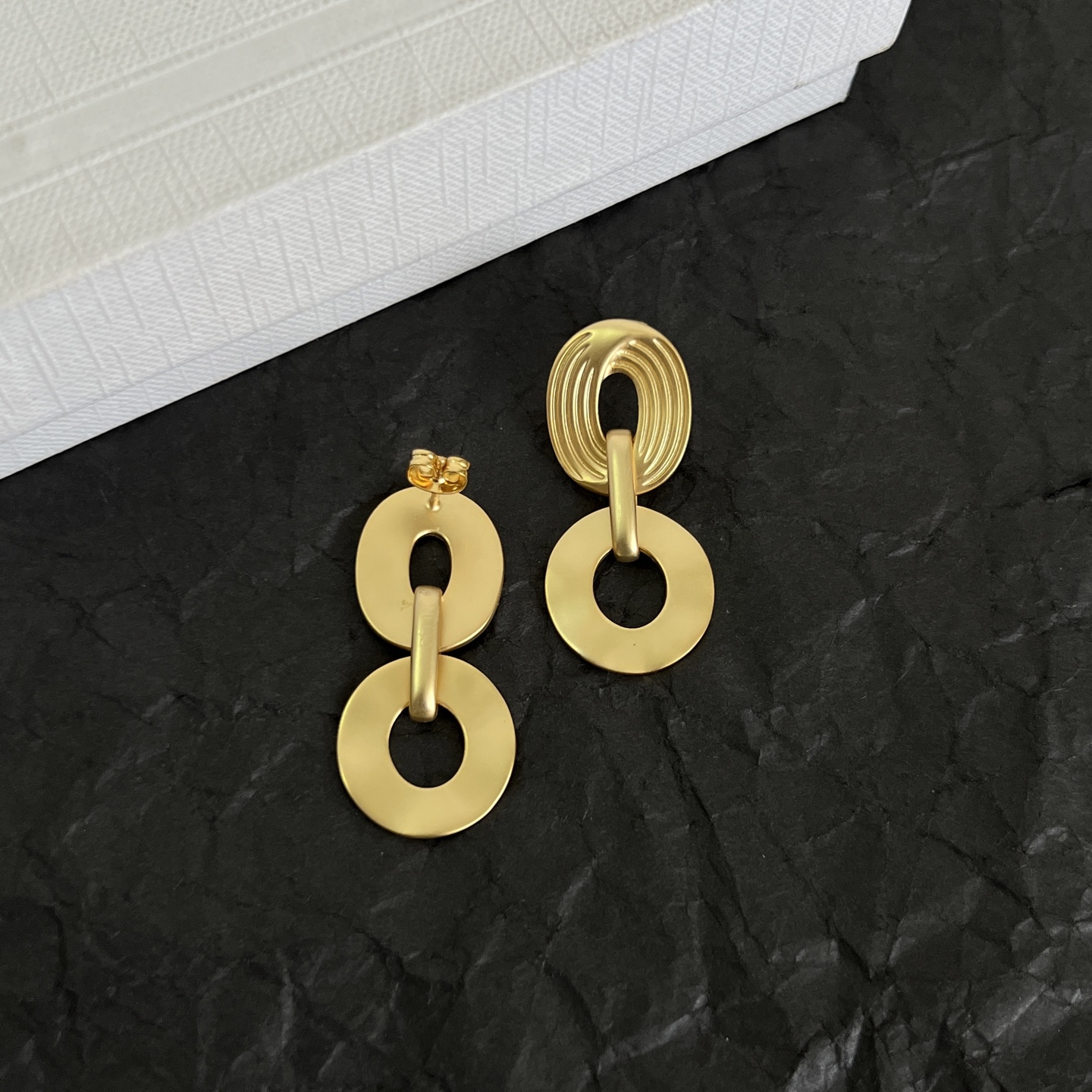 Celine Ridged Oval Link Disc Drop Earrings earrings Matte gold-tone metal no gemstones also available in matte silver-tone metal 3 5cm drop length