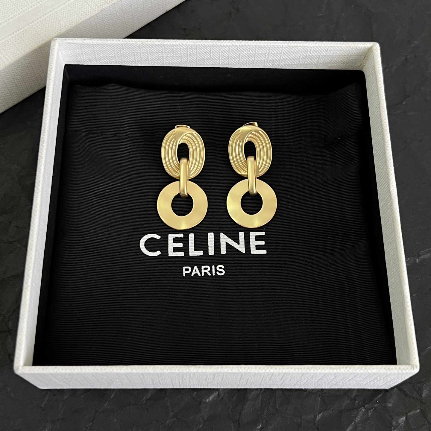 Celine Ridged Oval Link Disc Drop Earrings earrings Matte gold-tone metal no gemstones also available in matte silver-tone metal 3 5cm drop length