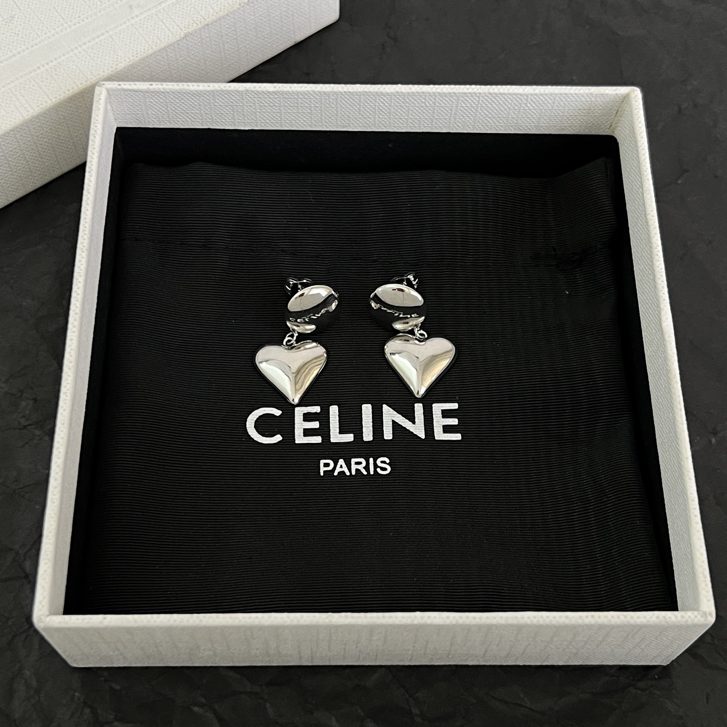 Celine Heart Drop Earrings earrings Silver-toned polished metal no gemstones 2 5cm drop length