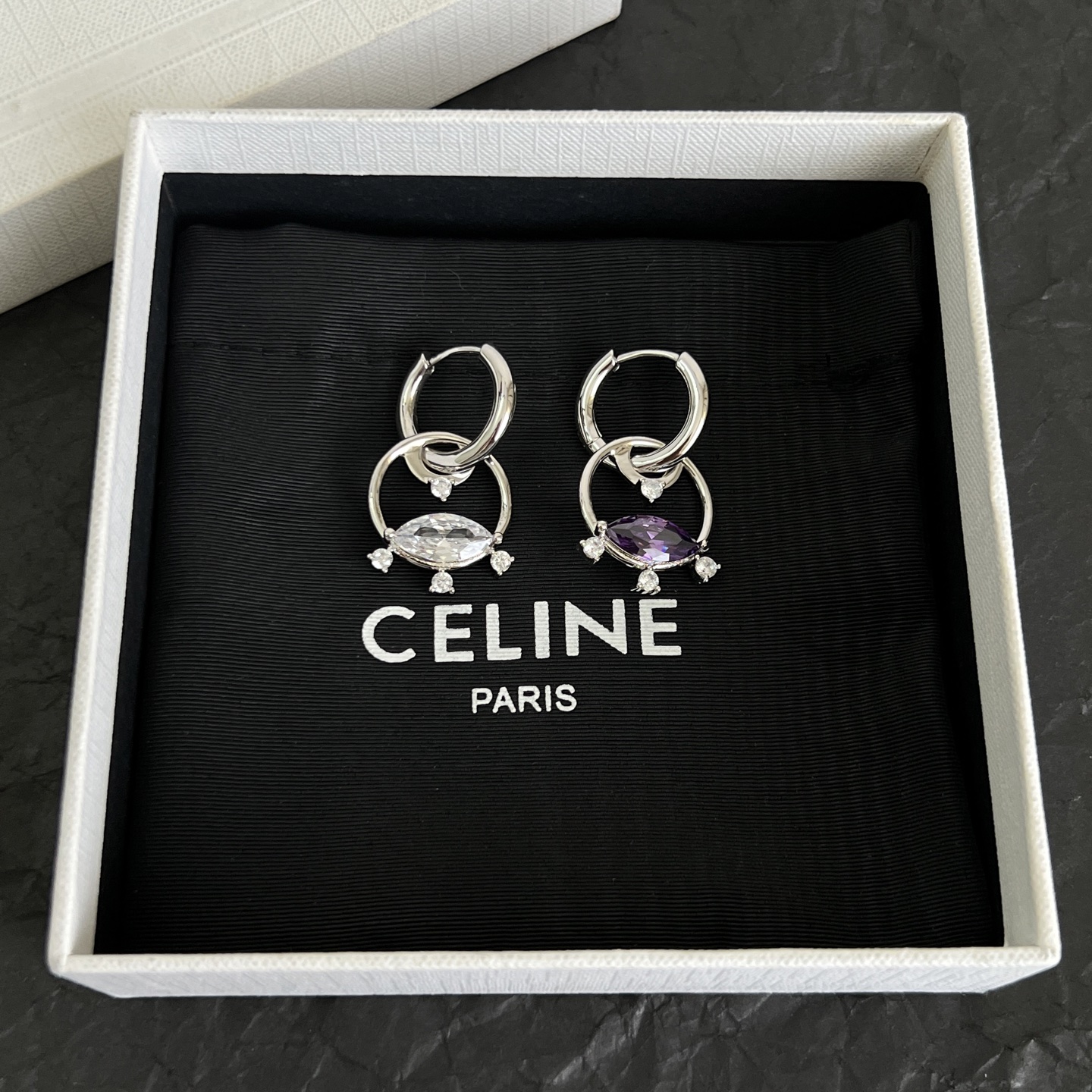 Celine Crystal Interlocking Hoop Earrings earrings Silver-toned metal with clear and purple faceted crystals One Size hoop diameter approx 1 5cm