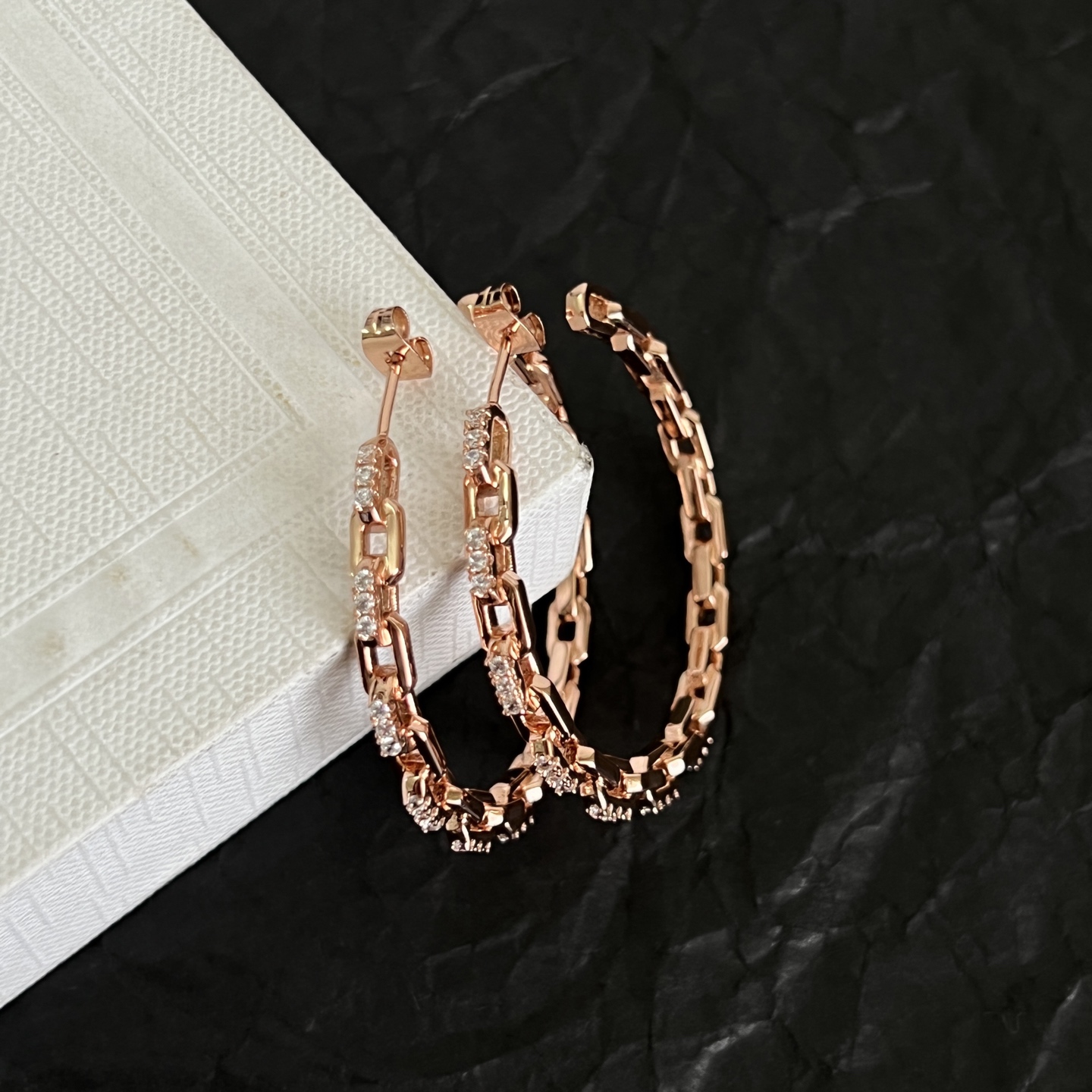 Celine Chain Link Crystal Hoop Earrings earrings Rose gold metal with clear crystal accents 40mm hoop diameter