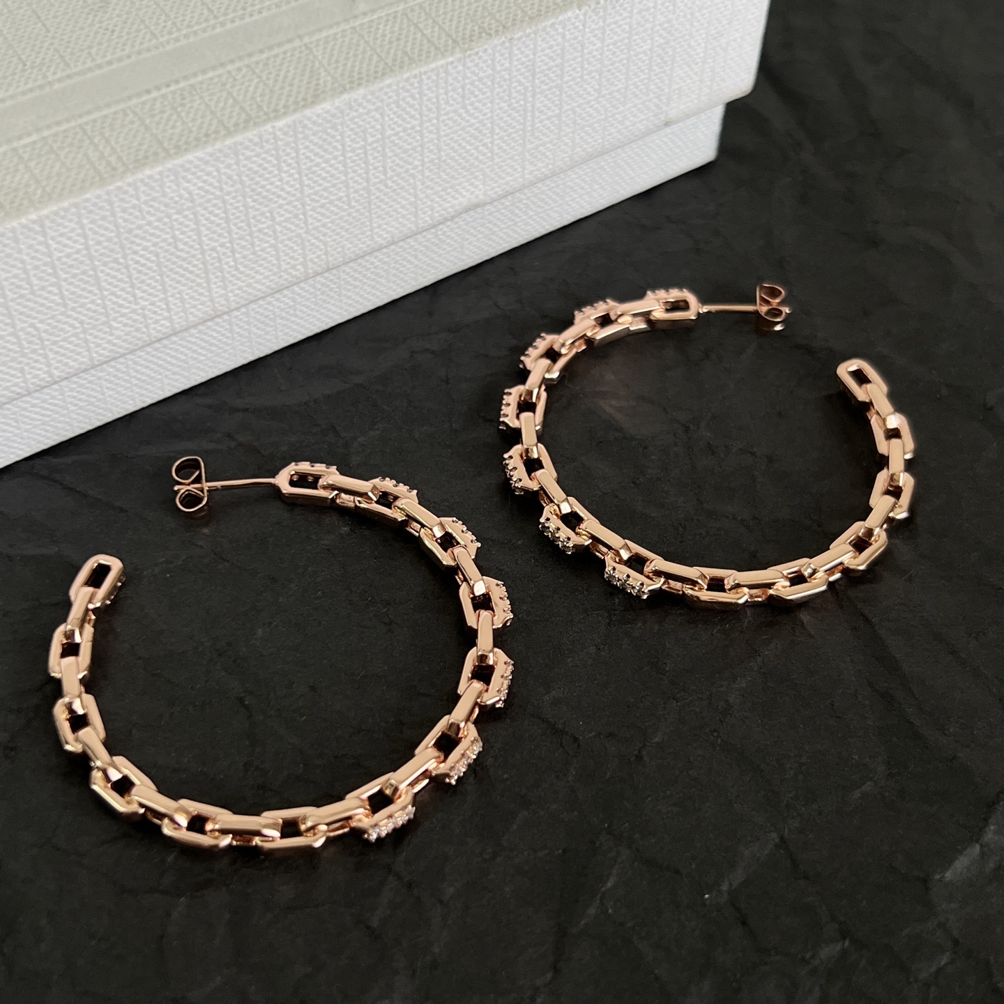Celine Chain Link Crystal Hoop Earrings earrings Rose gold metal with clear crystal accents 40mm hoop diameter