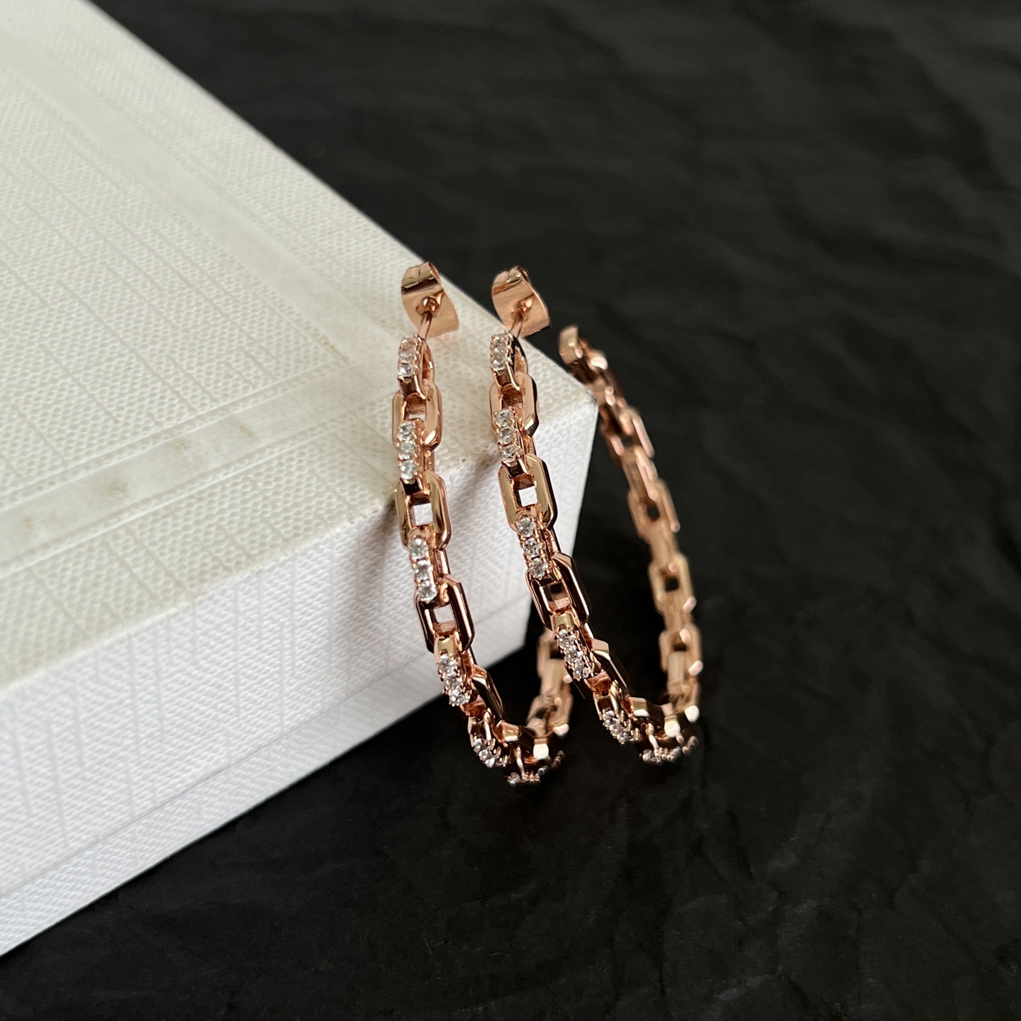 Celine Chain Link Crystal Hoop Earrings earrings Rose gold metal with clear crystal accents 40mm hoop diameter