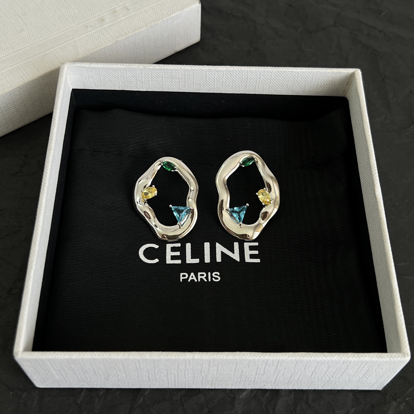 Celine Irregular Open Multigem Hoop Earrings earrings Silver-toned metal with green yellow and blue faceted stones One Size approx 3cm diameter